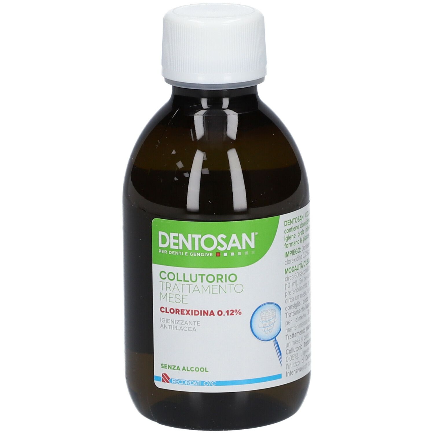 Flacone marrone con tappo bianco. Scritto: Dentosan, collutorio, Clorexidina 0,12%.