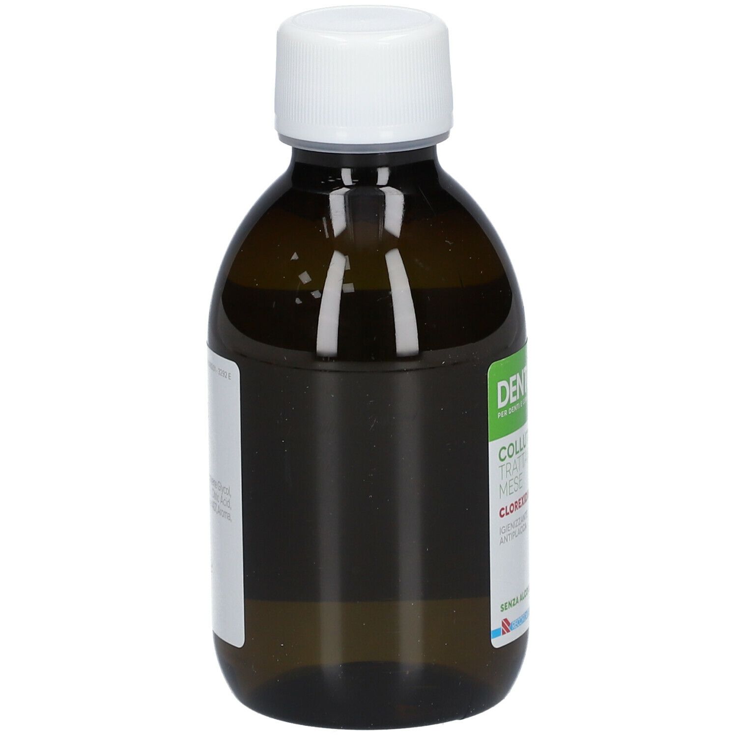 Flacone marrone con tappo bianco. Etichetta con informazioni sul prodotto.
