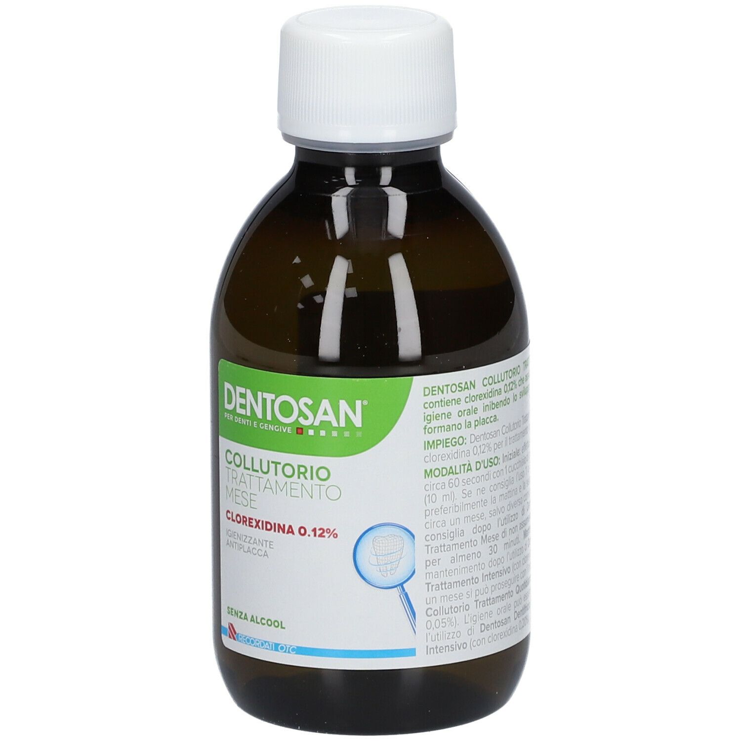 Flacone marrone con tappo bianco. Scritto: Dentosan, collutorio, Clorexidina 0,12%.