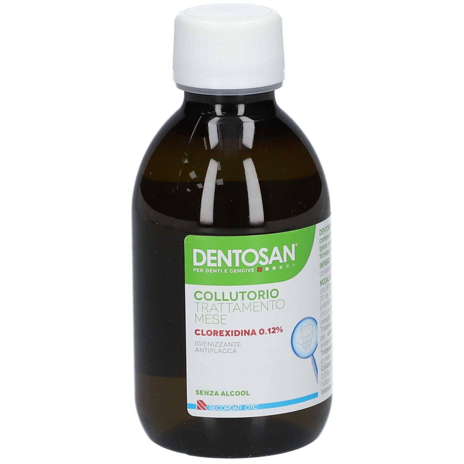 Flacone marrone con tappo bianco. Scritto: Dentosan, collutorio, Clorexidina 0,12%.