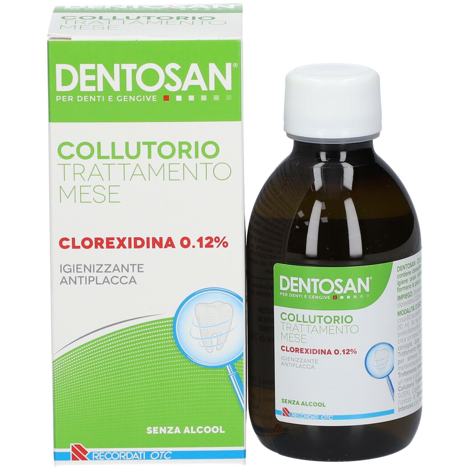 Flacone marrone e scatola. Scritto: Dentosan, collutorio, Clorexidina 0,12%.