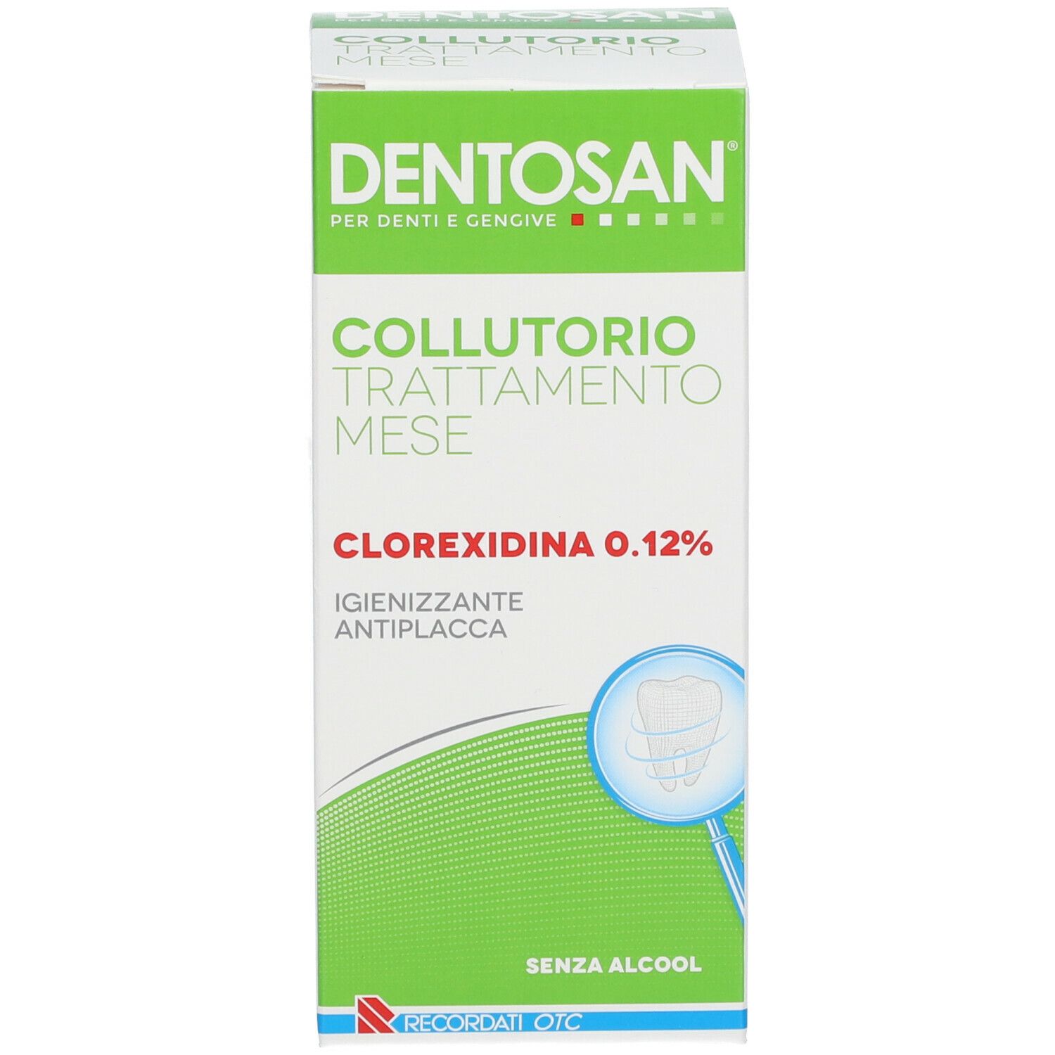 Scatola verde e bianca. Scritto: Dentosan, collutorio, Clorexidina 0,12%.