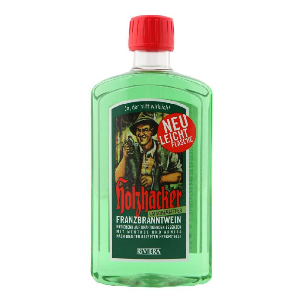 Liquido verde in bottiglia con tappo rosso. Etichetta con illustrazione di un uomo e nome del prodotto.