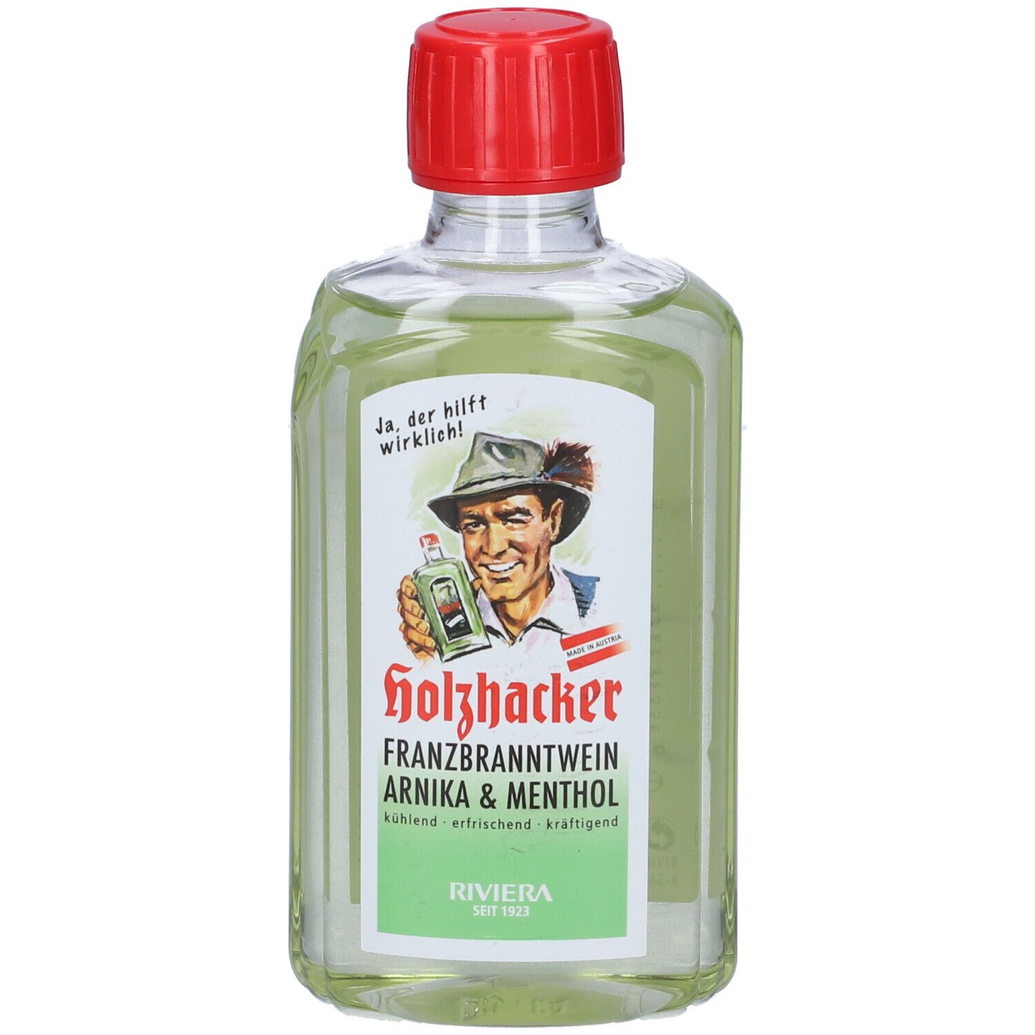 Bottiglia di liquido verde con tappo rosso. Etichetta con nome del prodotto e illustrazione di un uomo.