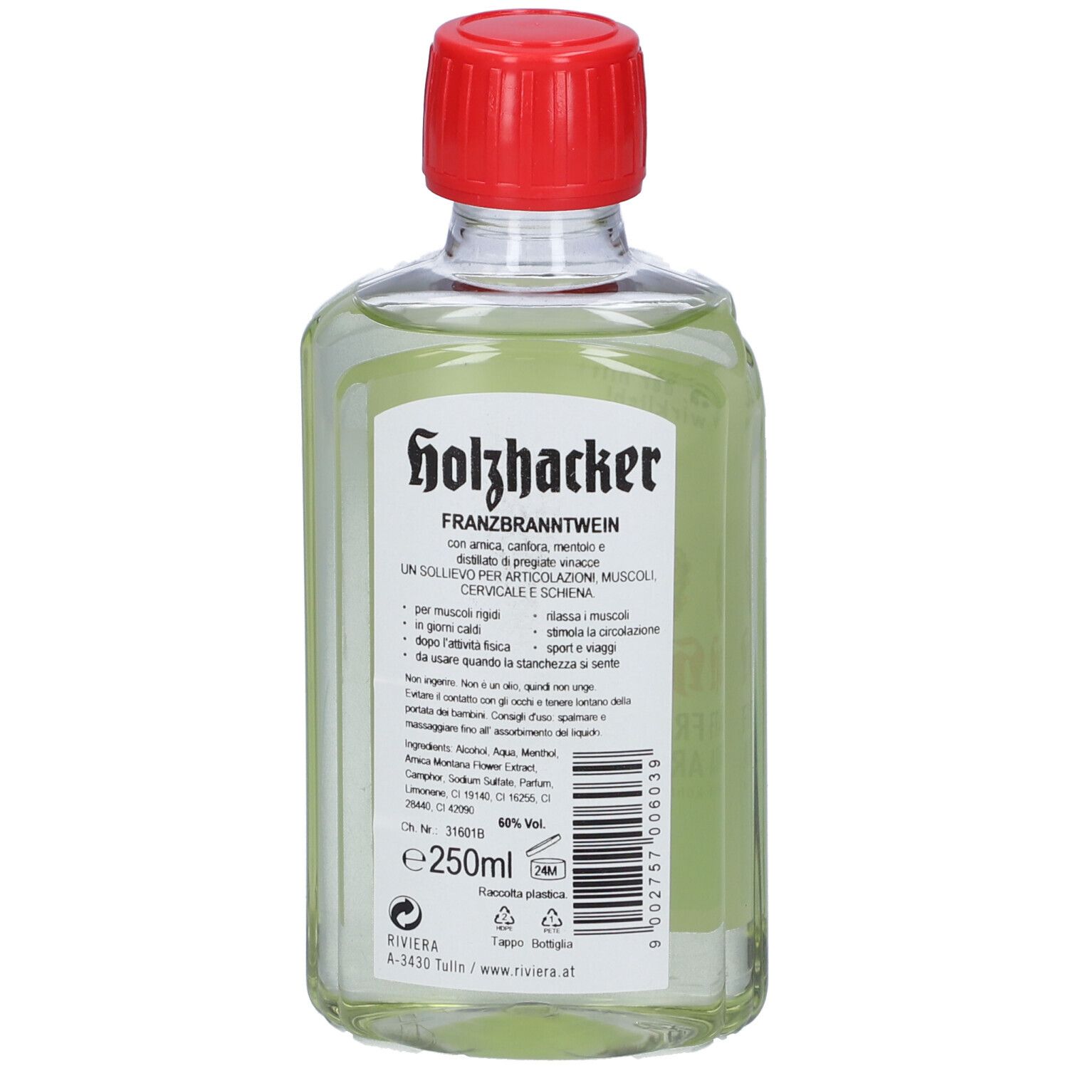 Bottiglia di liquido verde con tappo rosso. Retro con informazioni sul prodotto e ingredienti.
