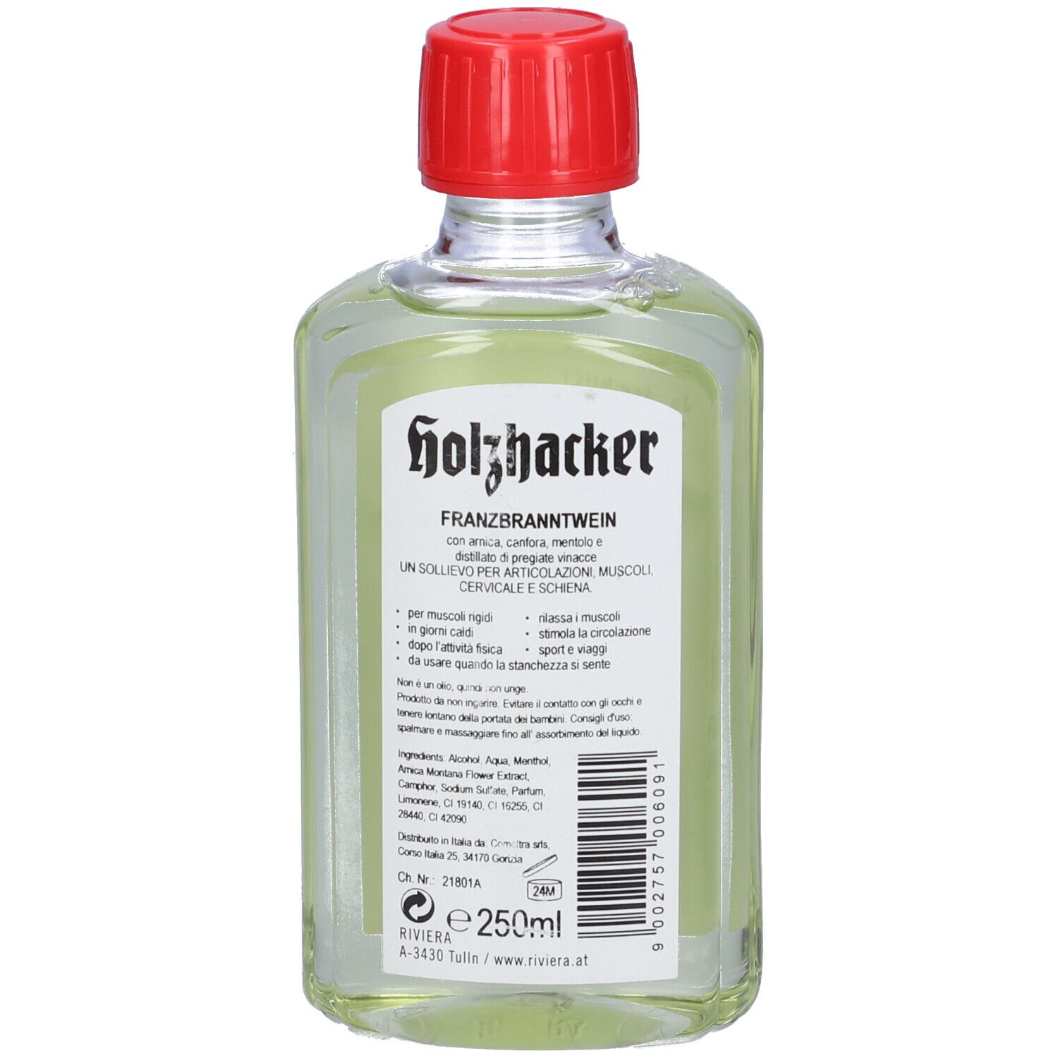 Bottiglia di liquido verde con tappo rosso. Retro con informazioni sul prodotto e ingredienti.