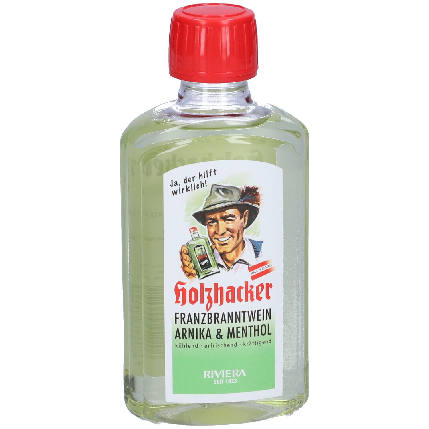 Bottiglia di liquido verde con tappo rosso. Etichetta con nome del prodotto e illustrazione di un uomo.