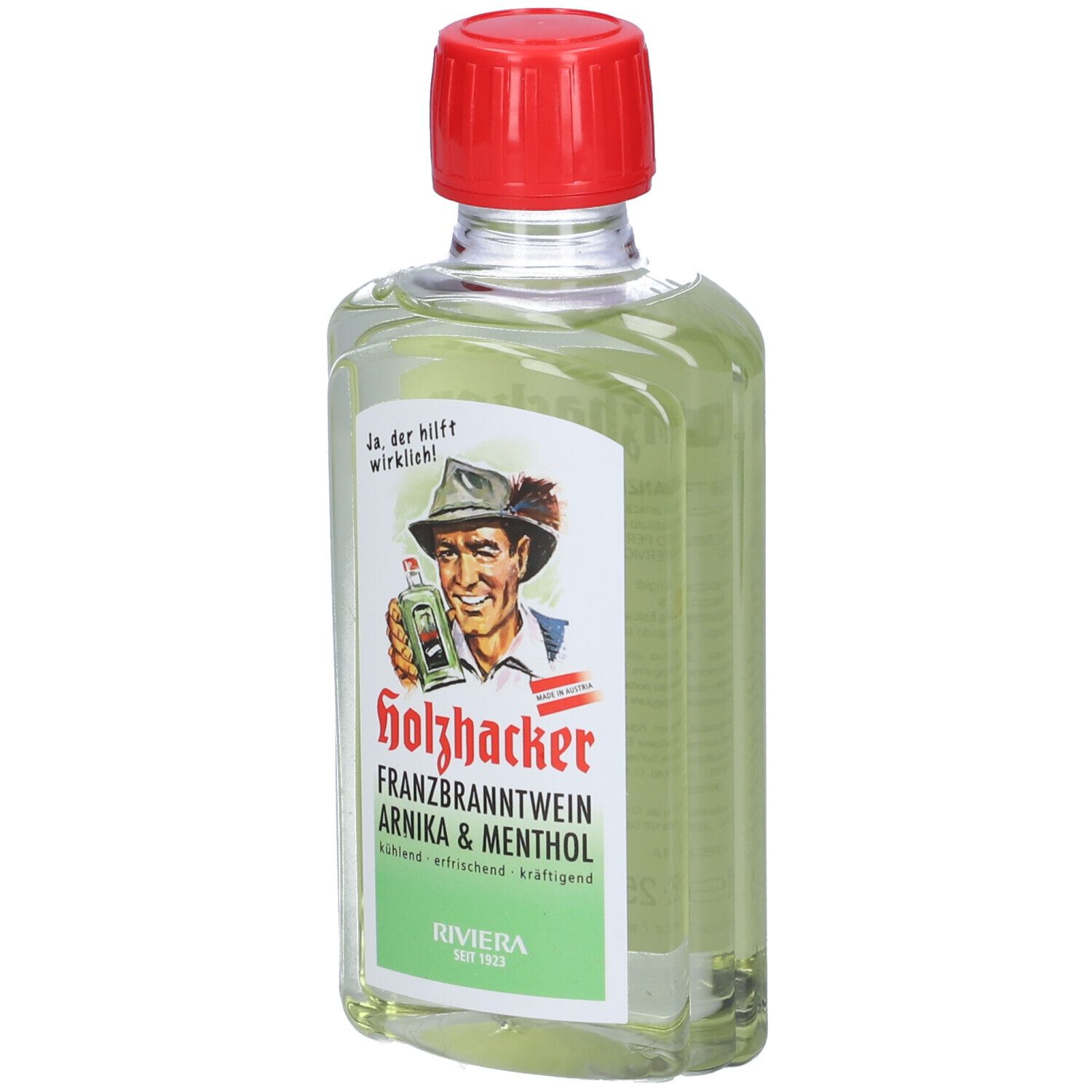Bottiglia di liquido verde con tappo rosso. Etichetta con nome del prodotto e illustrazione di un uomo.