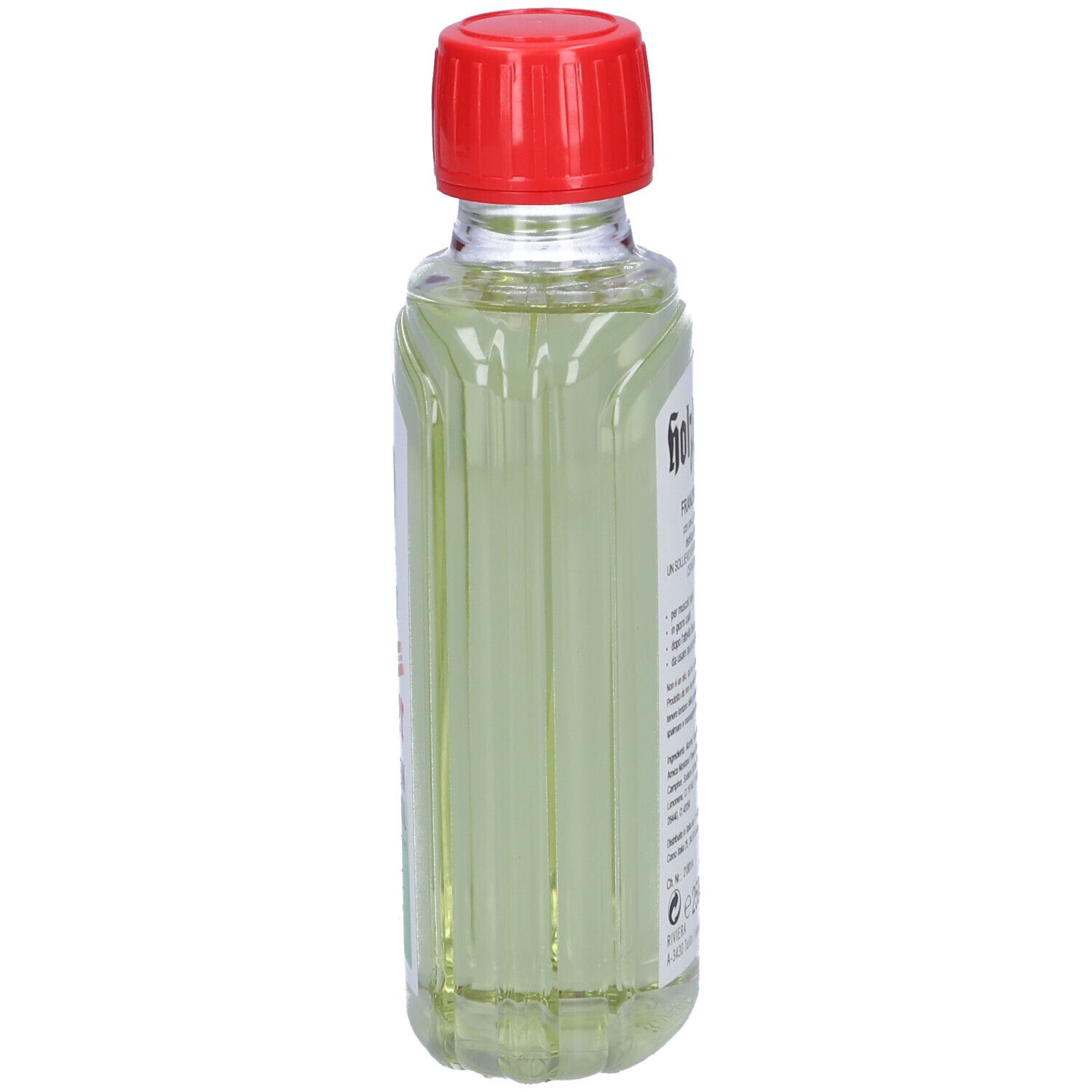 Bottiglia di liquido verde con tappo rosso. Vista laterale con informazioni sul prodotto.