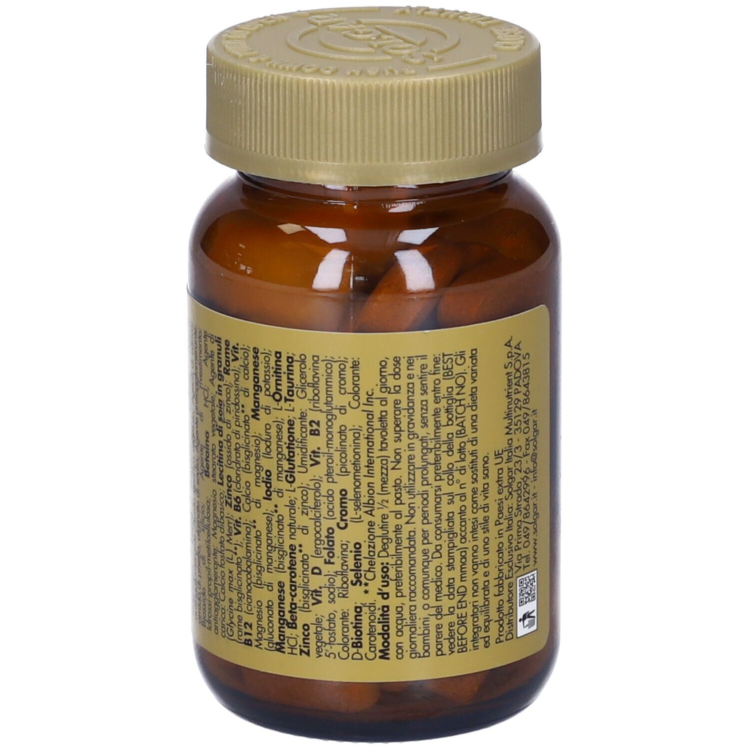 Flacone di vetro marrone con tappo dorato. Retro con ingredienti e istruzioni per l'uso. Contiene compresse.