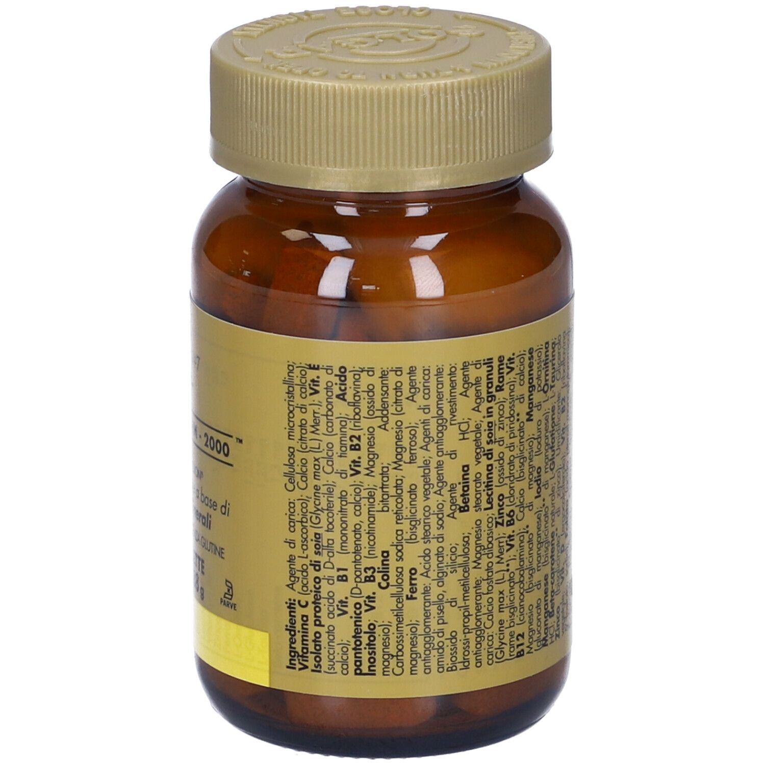 Flacone di vetro marrone con tappo dorato. Retro con ingredienti. Contiene compresse.