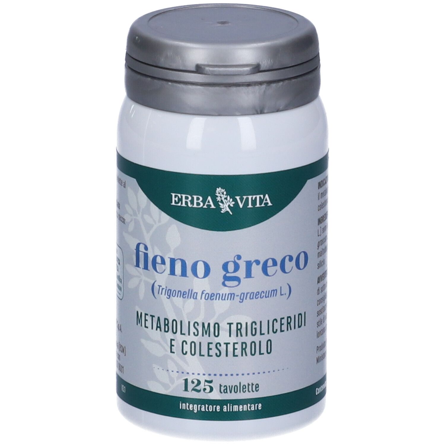 Flacone bianco con coperchio grigio. Scritta: Fieno Greco, 125 compresse. Marchio: Erba Vita.