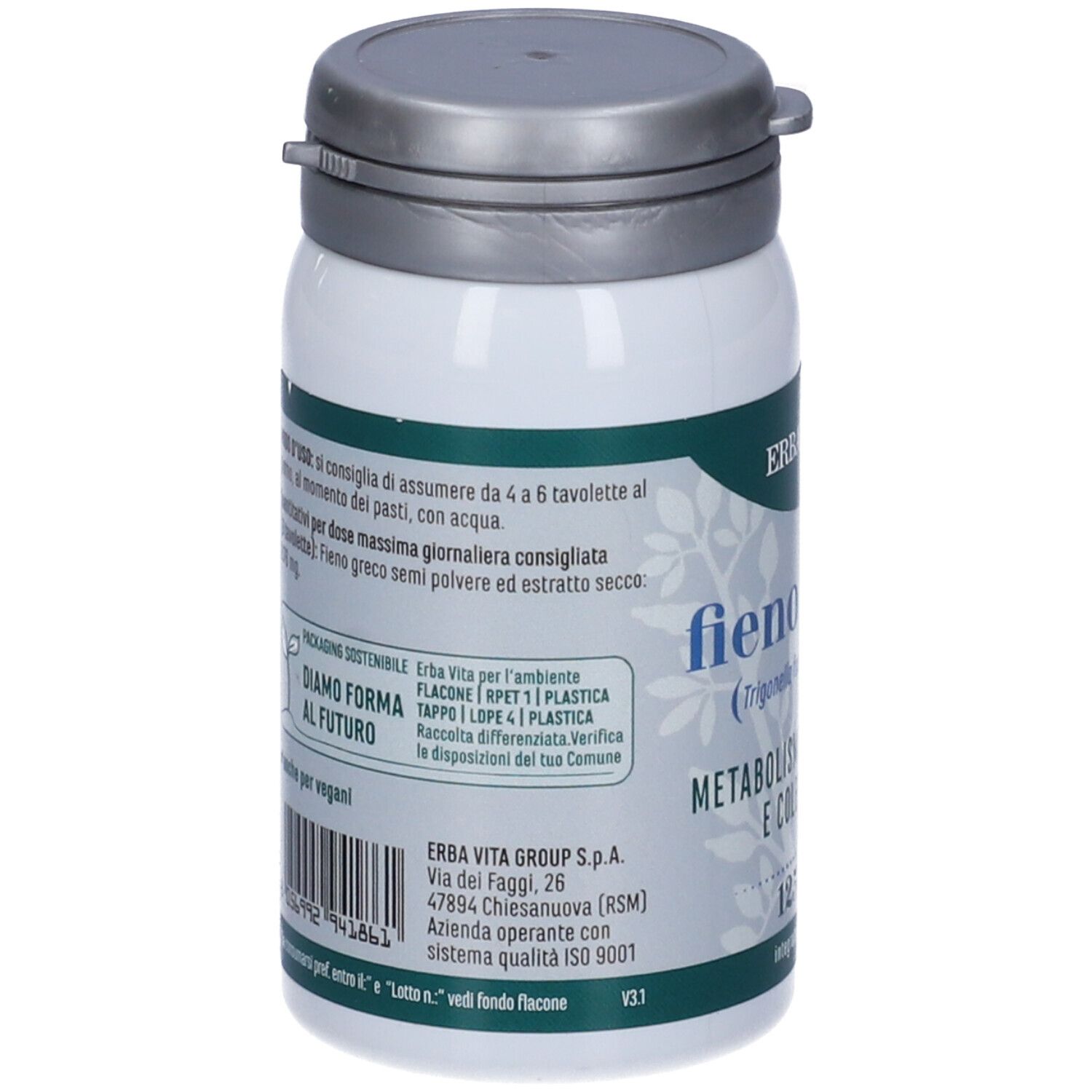 Flacone bianco con coperchio grigio. Retro con testo. Marchio: Erba Vita. Certificazione ISO 9001.