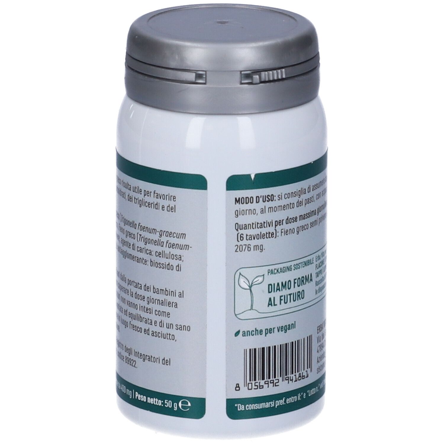 Flacone bianco con coperchio grigio. Retro con testo. Marchio: Erba Vita. Peso: 50g.