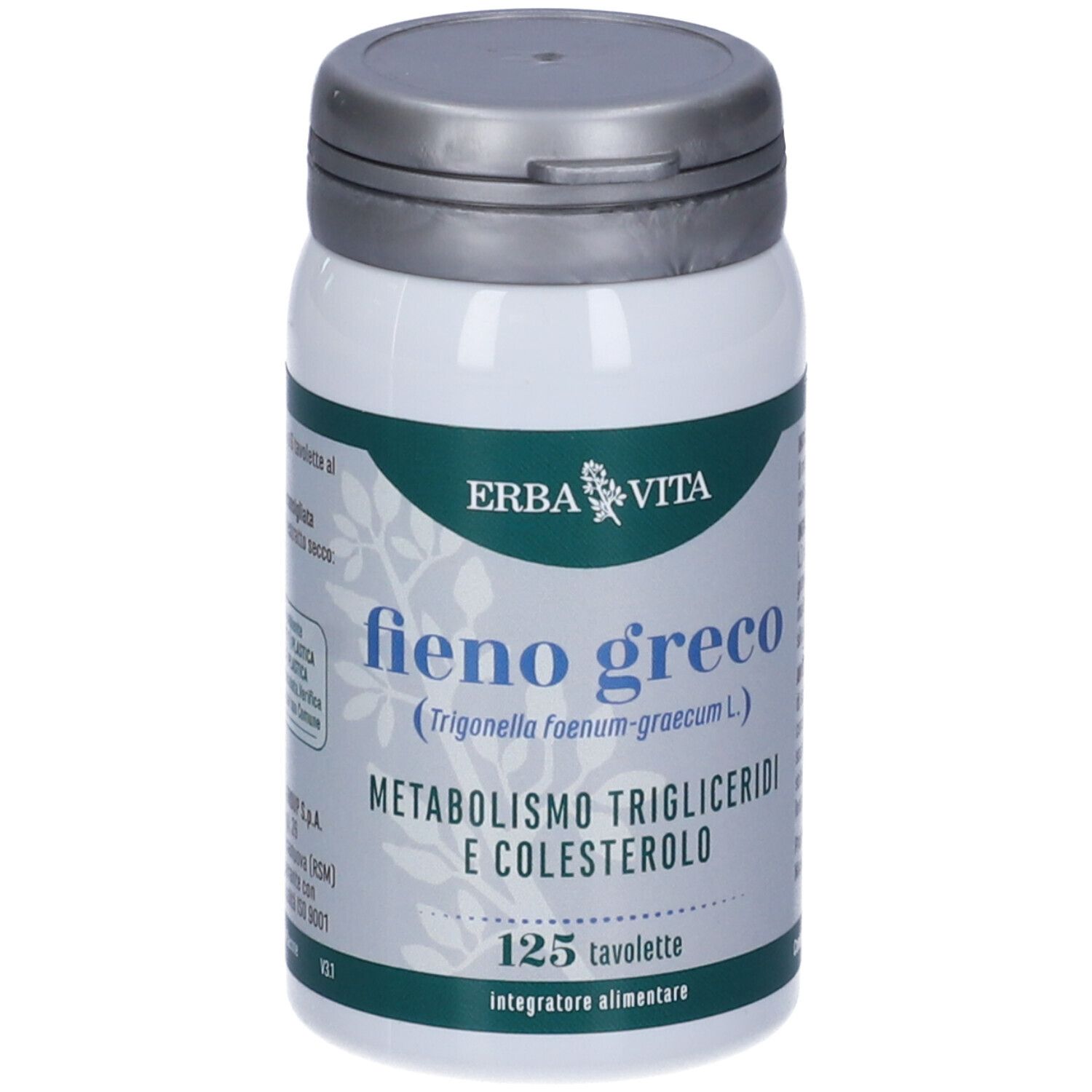 Flacone bianco con coperchio grigio. Scritta: Fieno Greco, 125 compresse. Marchio: Erba Vita.