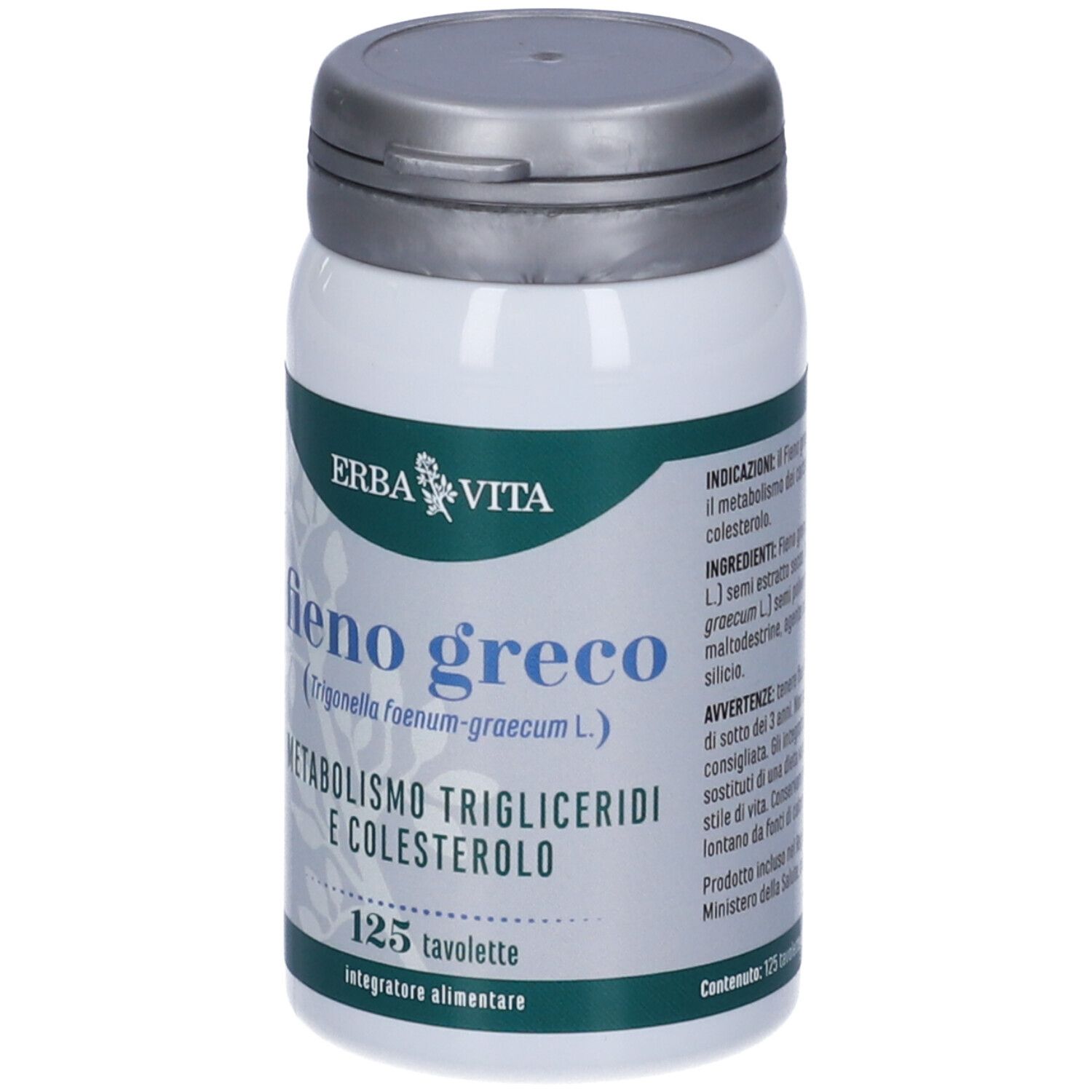 Flacone bianco con coperchio grigio. Scritta: Fieno Greco, 125 compresse. Marchio: Erba Vita.