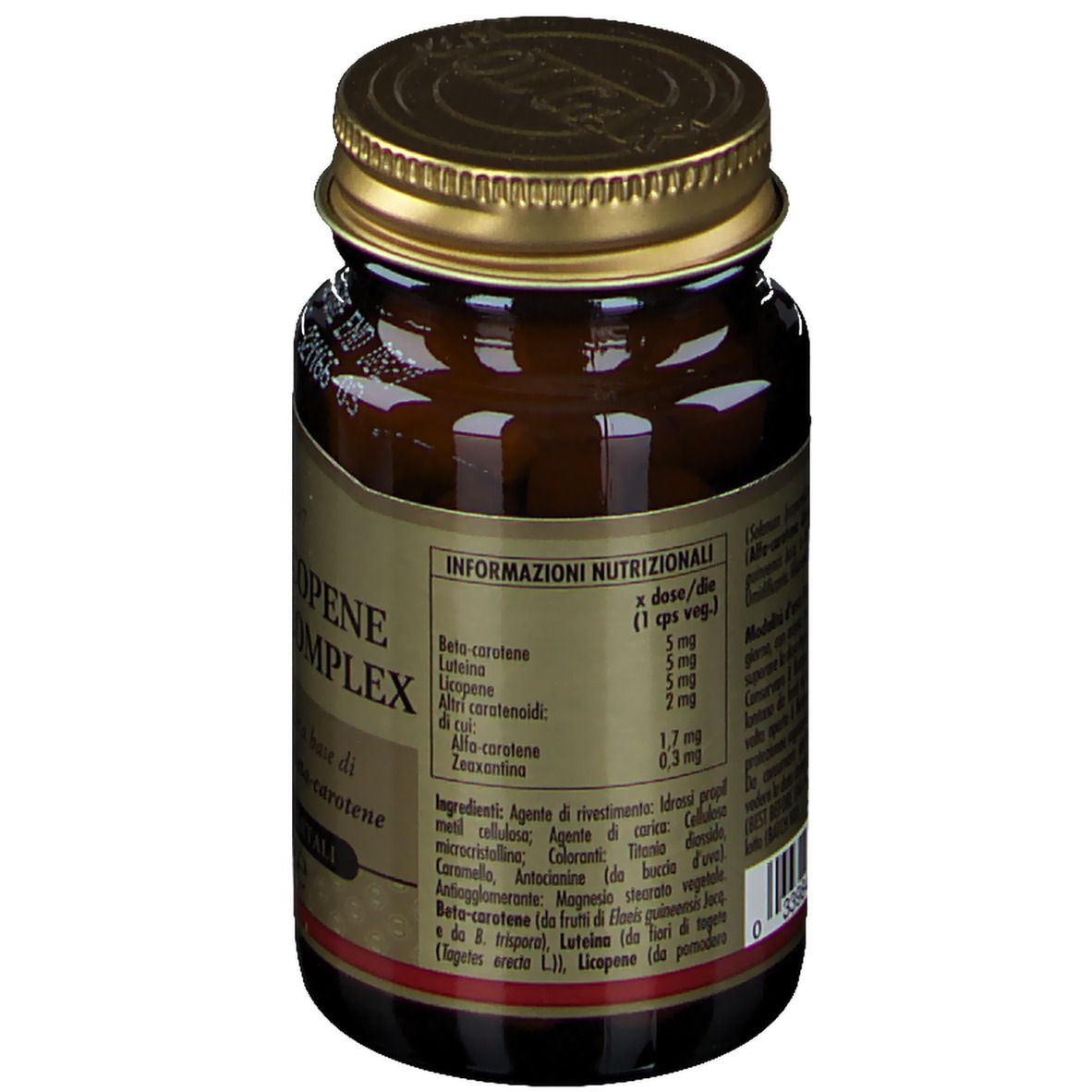 Retro del flacone di vetro marrone. Informazioni sugli ingredienti e valori nutrizionali. Testo in italiano.