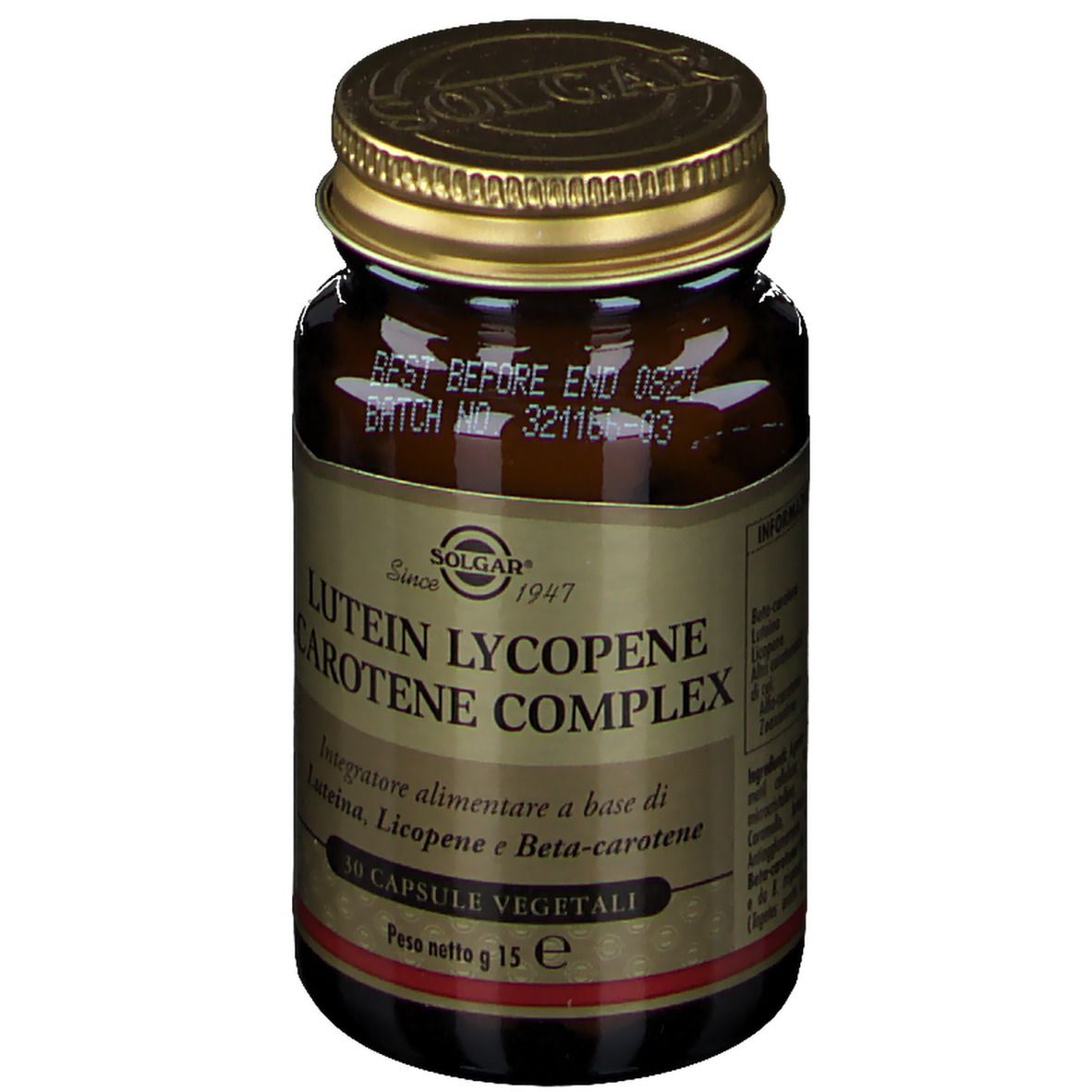 Flacone di vetro marrone con tappo dorato. Scritta: SOLGAR Lutein Lycopene Carotene Complex. 30 capsule.
