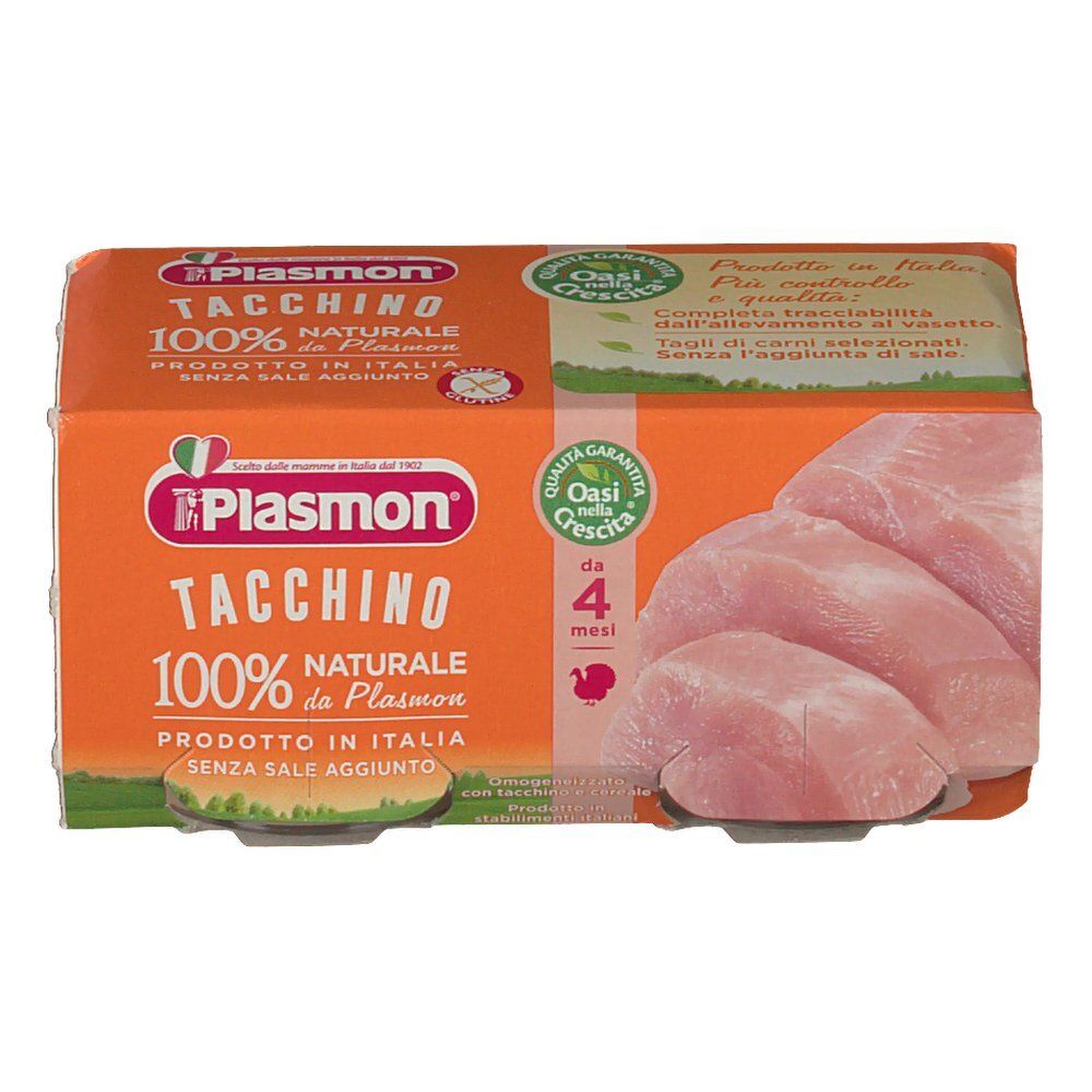 Verpackung mit Plasmon® Tacchino. Fleischstücke. Orangefarbene Verpackung mit Produktinformationen.
