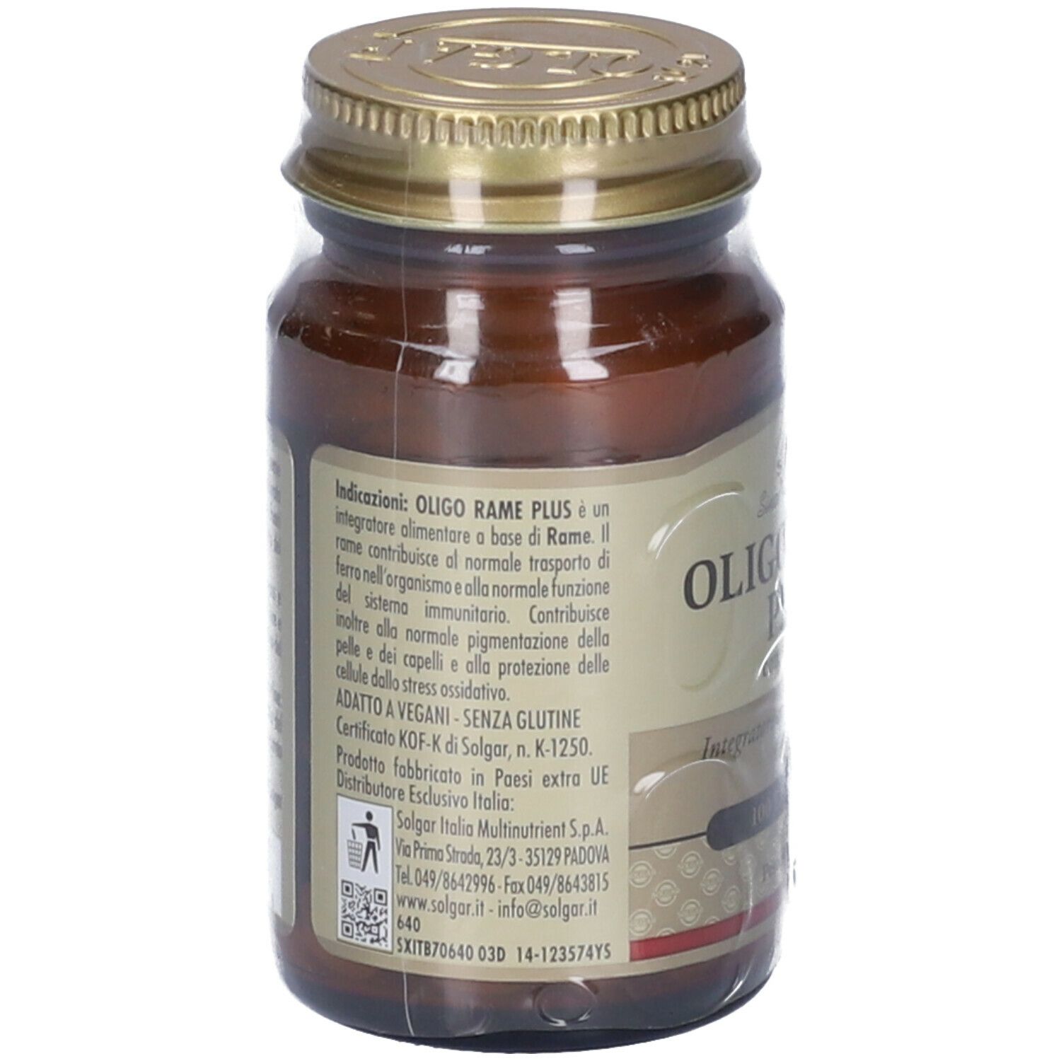 Vue arrière d'un flacon en verre brun avec couvercle doré. Étiquette avec informations et texte sur le produit.