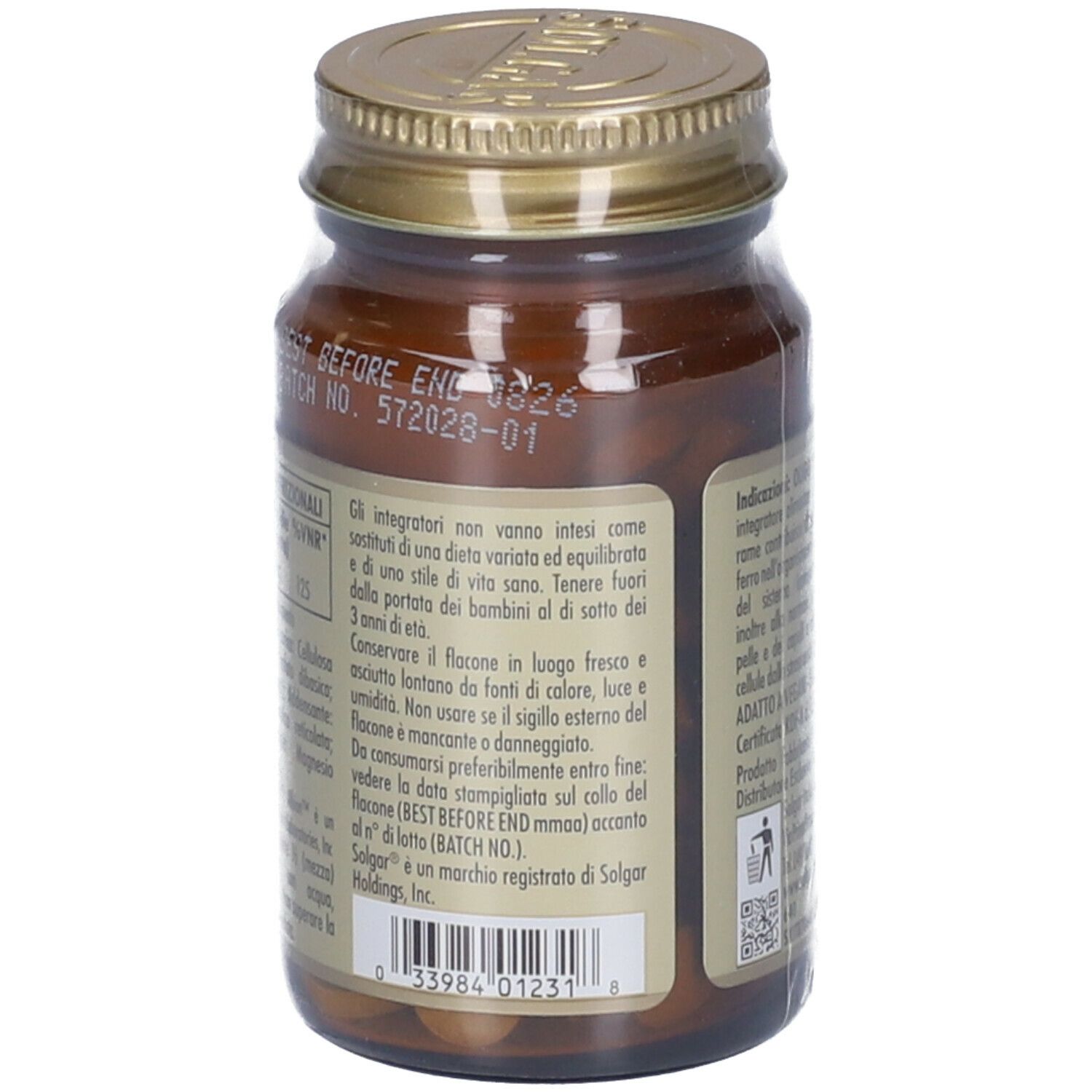 Vue arrière d'un flacon en verre brun avec couvercle doré. Étiquette avec informations et texte sur le produit.
