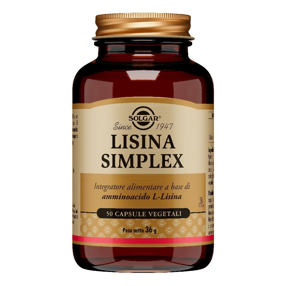 Flacone di vetro marrone con tappo dorato. L'etichetta riporta SOLGAR Lisina Simplex. 50 capsule.