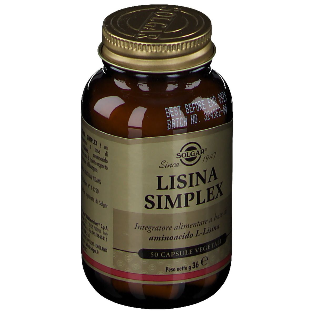 Flacone di vetro marrone con tappo dorato. L'etichetta riporta SOLGAR Lisina Simplex. 50 capsule.