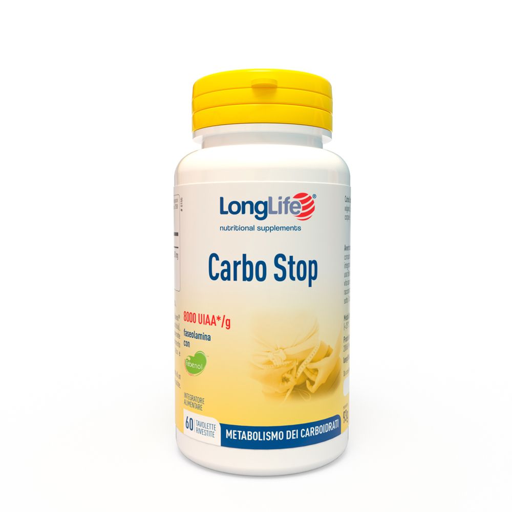 Flacone bianco, tappo giallo. Scritta: LongLife Carbo Stop, 60 compresse. Illustrazione di pasta.