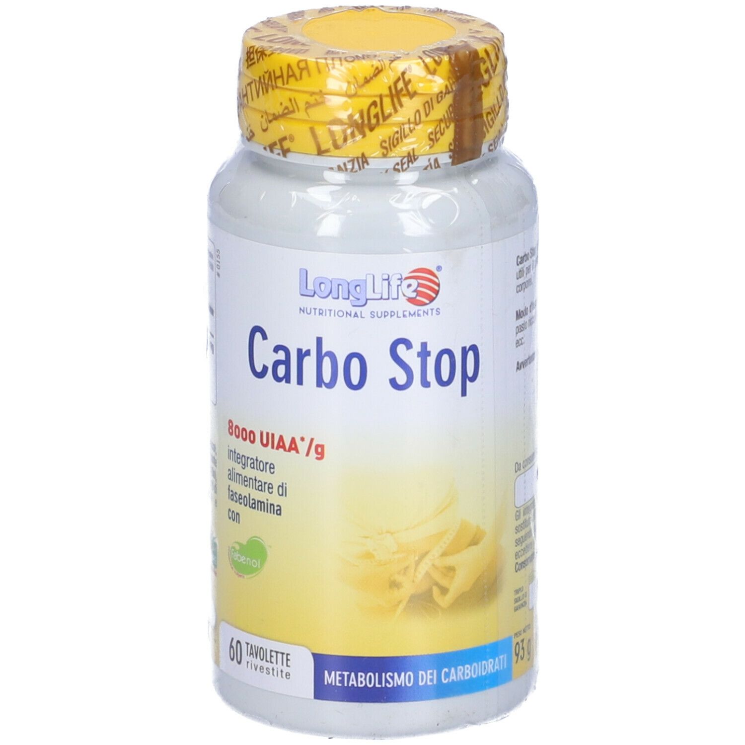 Flacone bianco, tappo giallo sigillato. Scritta: LongLife Carbo Stop, 60 compresse. Illustrazione di pasta.