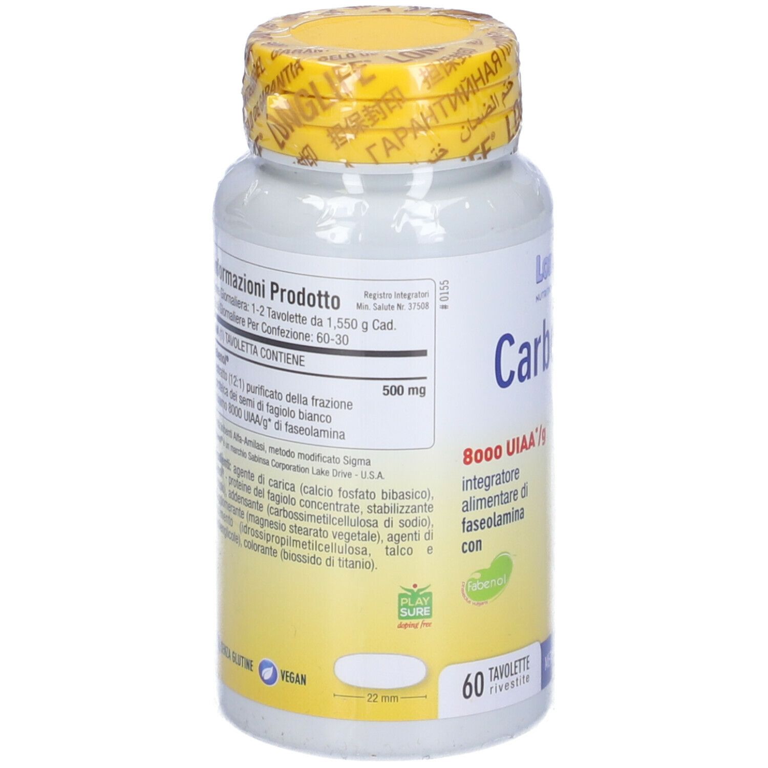 Retro del flacone. Informazioni testuali, ingredienti e dosaggio. Tappo giallo, sigillato.