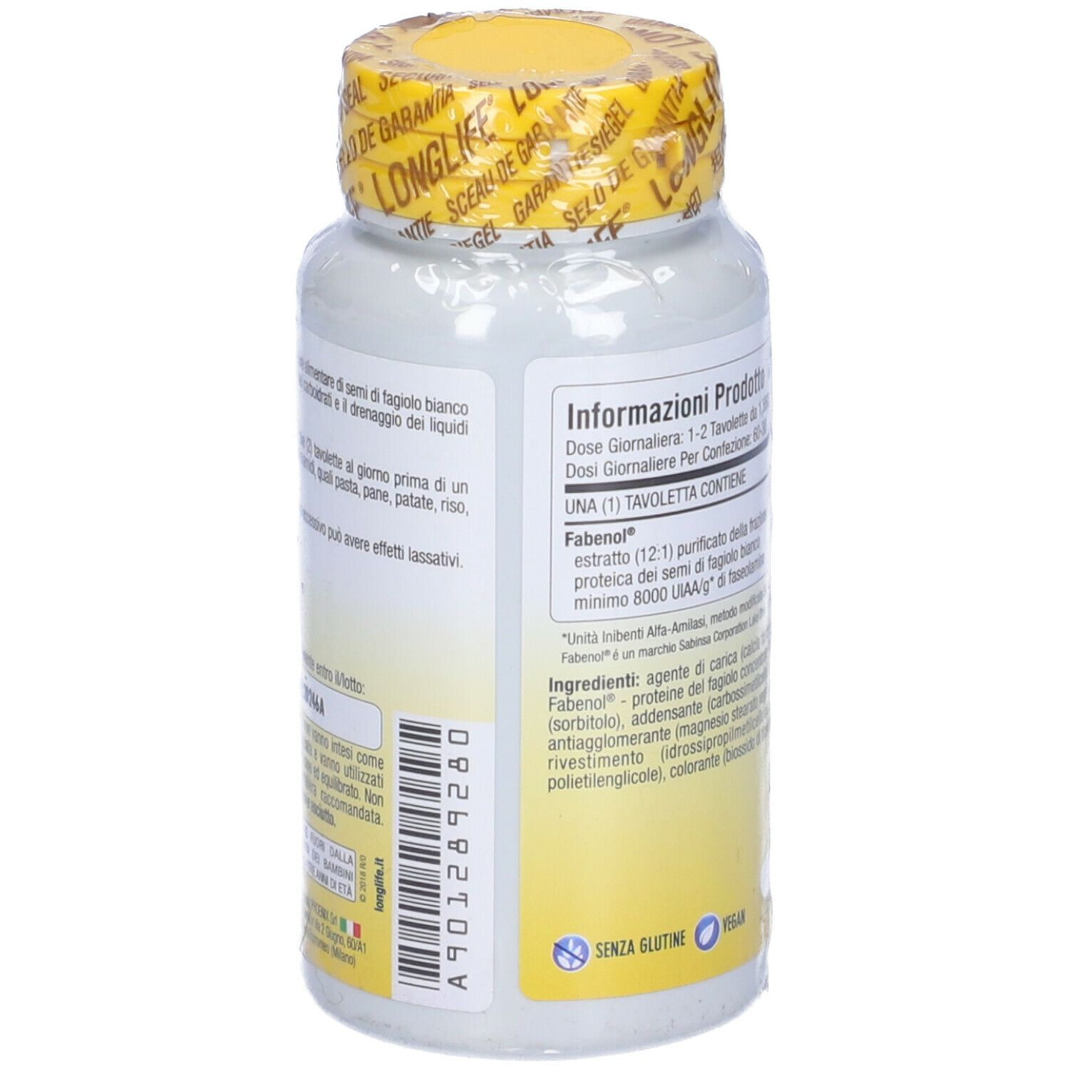 Retro del flacone. Informazioni testuali, ingredienti e dosaggio. Tappo giallo, sigillato.