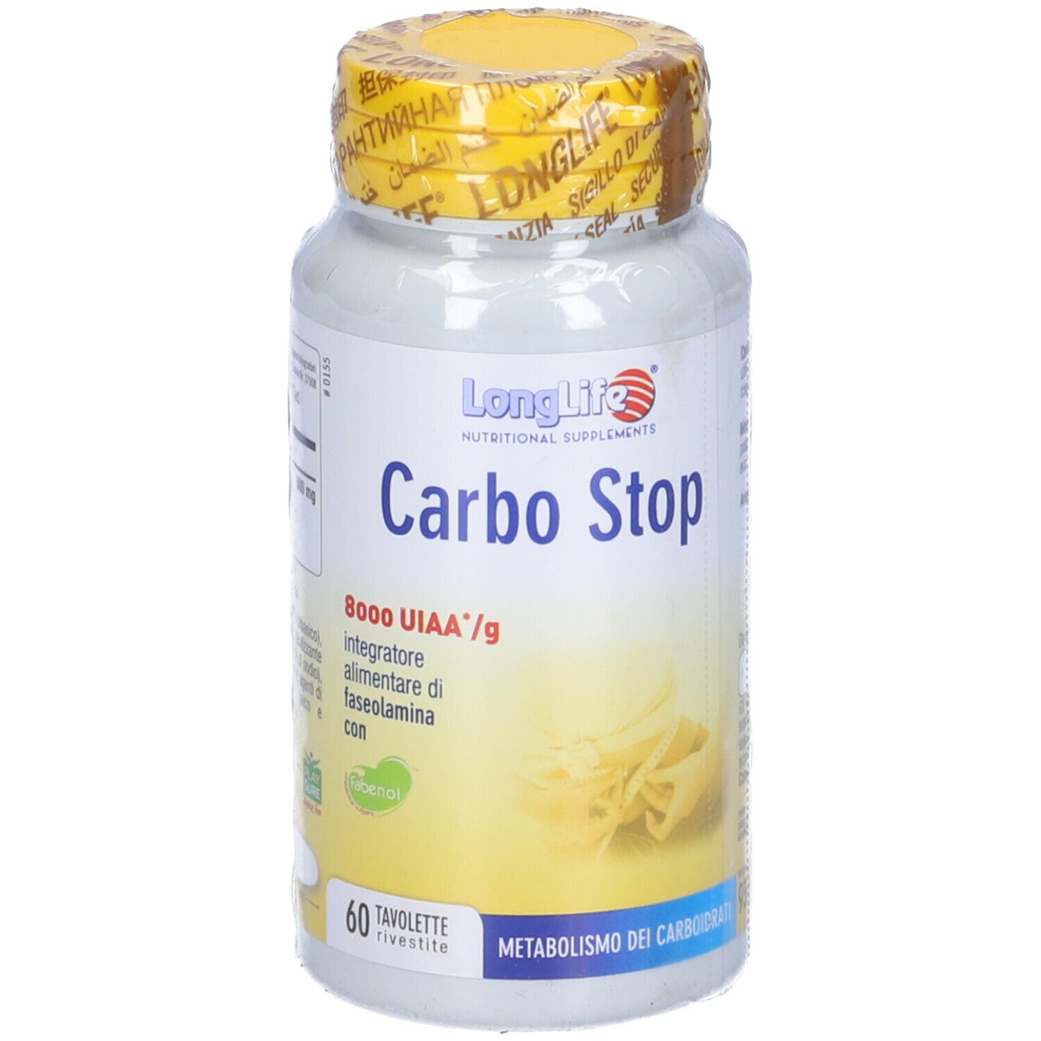 Flacone bianco, tappo giallo sigillato. Scritta: LongLife Carbo Stop, 60 compresse. Illustrazione di pasta.