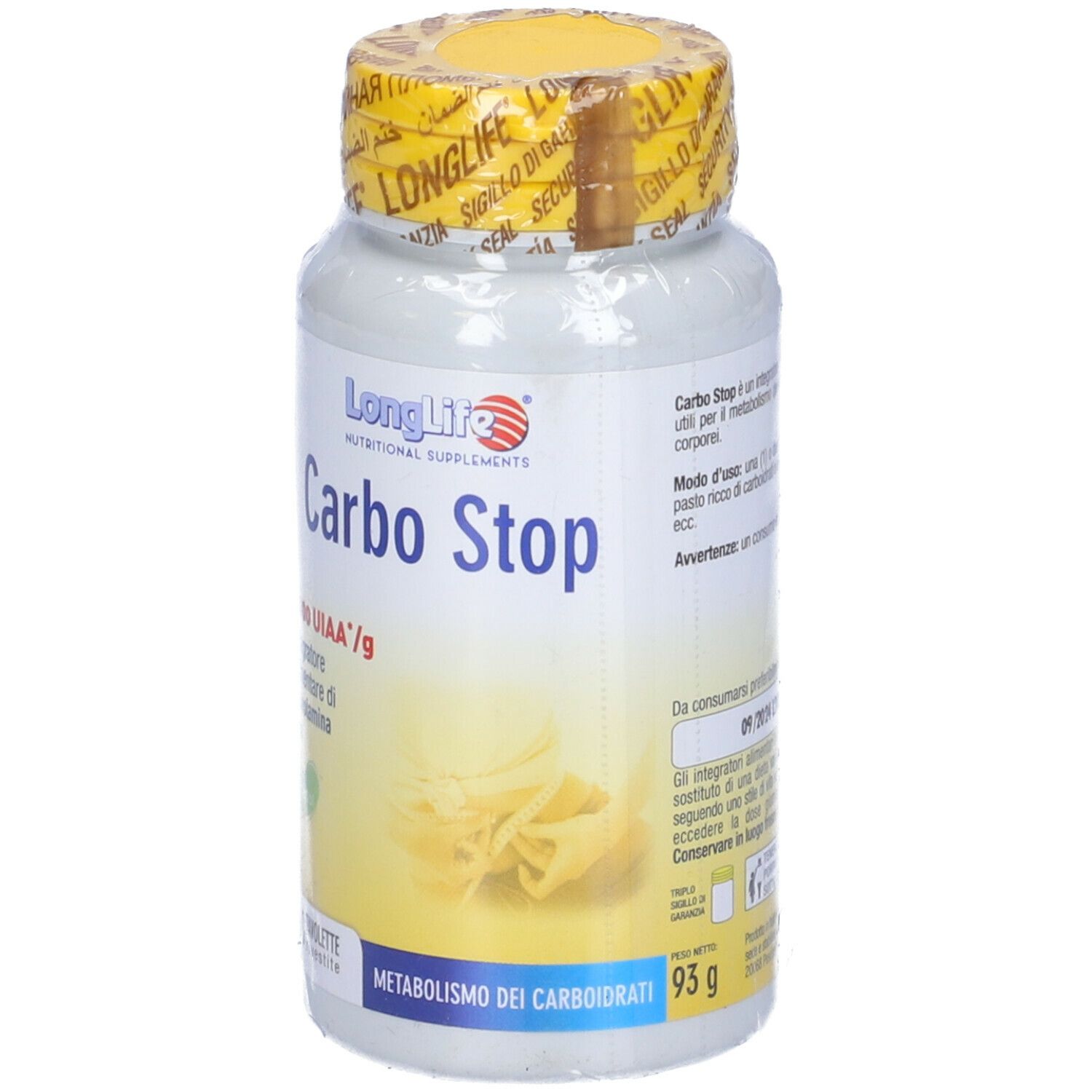Flacone bianco, tappo giallo sigillato. Scritta: LongLife Carbo Stop, 60 compresse. Illustrazione di pasta.