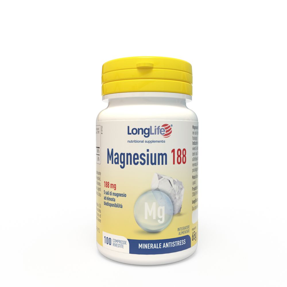 Flacone bianco con tappo giallo. Scritta: LongLife Magnesium 188. 100 compresse. Integratore minerale.