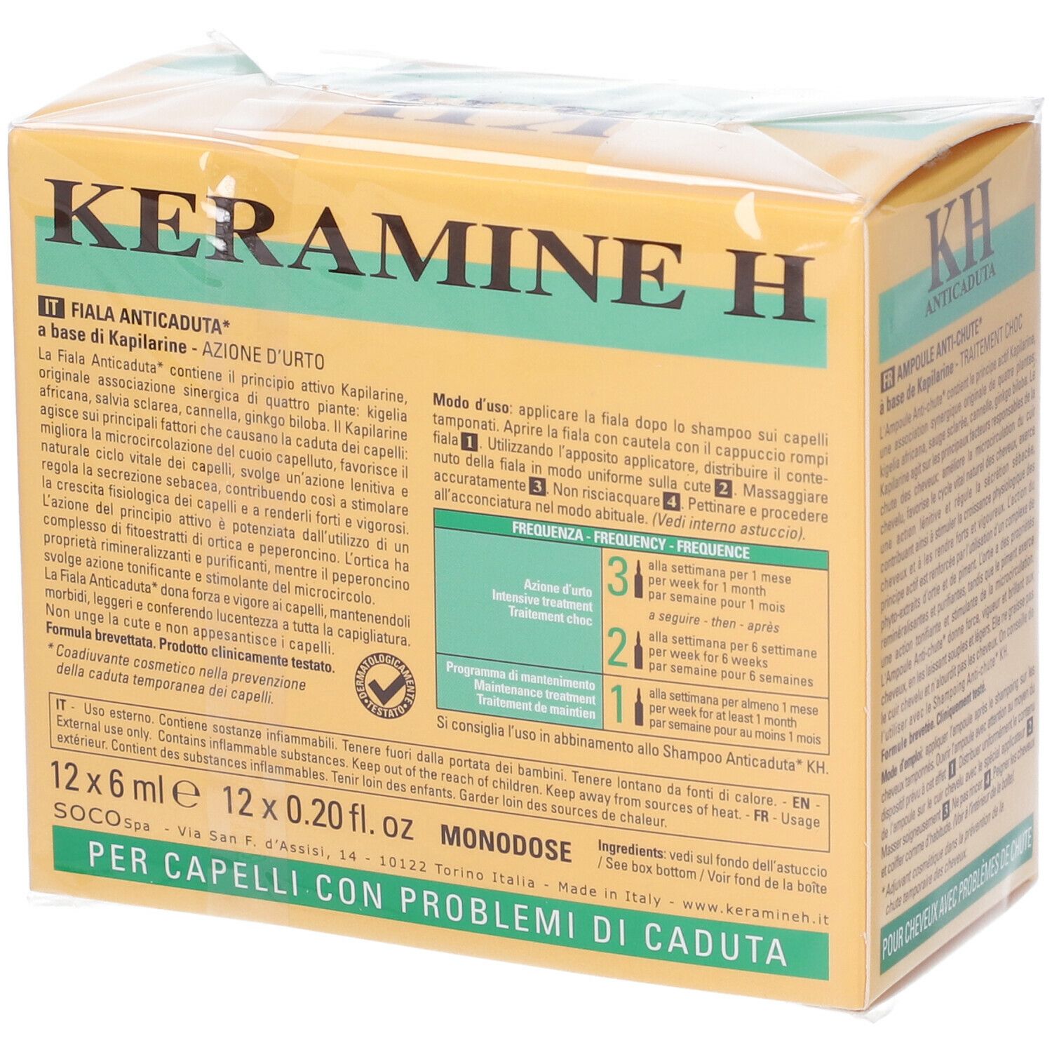 Confezione KERAMINE H KH Anticaduta. Scatola giallo-verde con nome e logo. Testo: '12x6ml'.