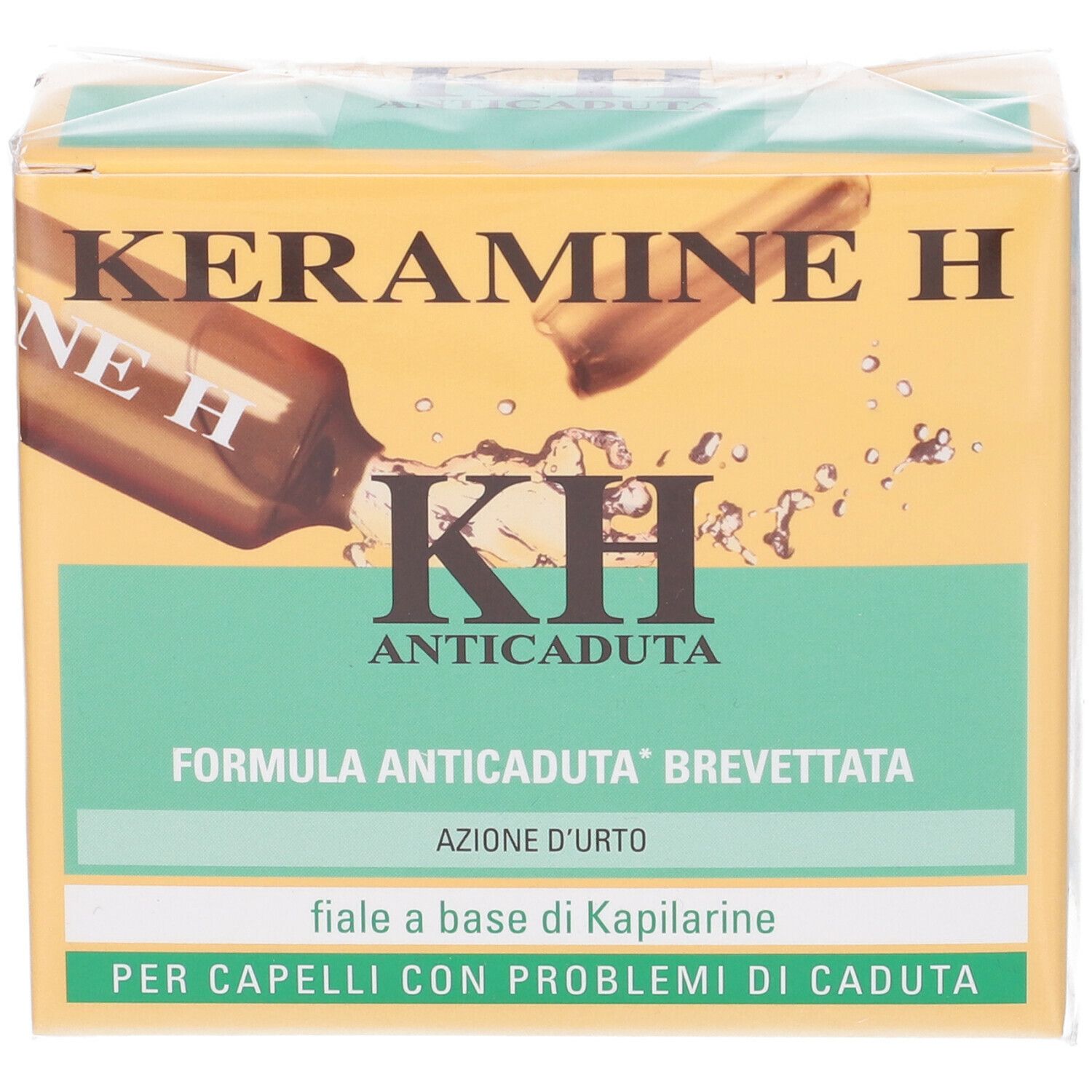 Confezione KERAMINE H KH Anticaduta. Scatola giallo-verde con nome e logo. Testo: 'Anticaduta'.