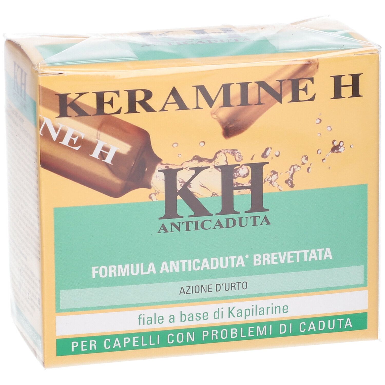 Confezione KERAMINE H KH Anticaduta. Scatola giallo-verde con nome e logo. Testo: 'Anticaduta'.
