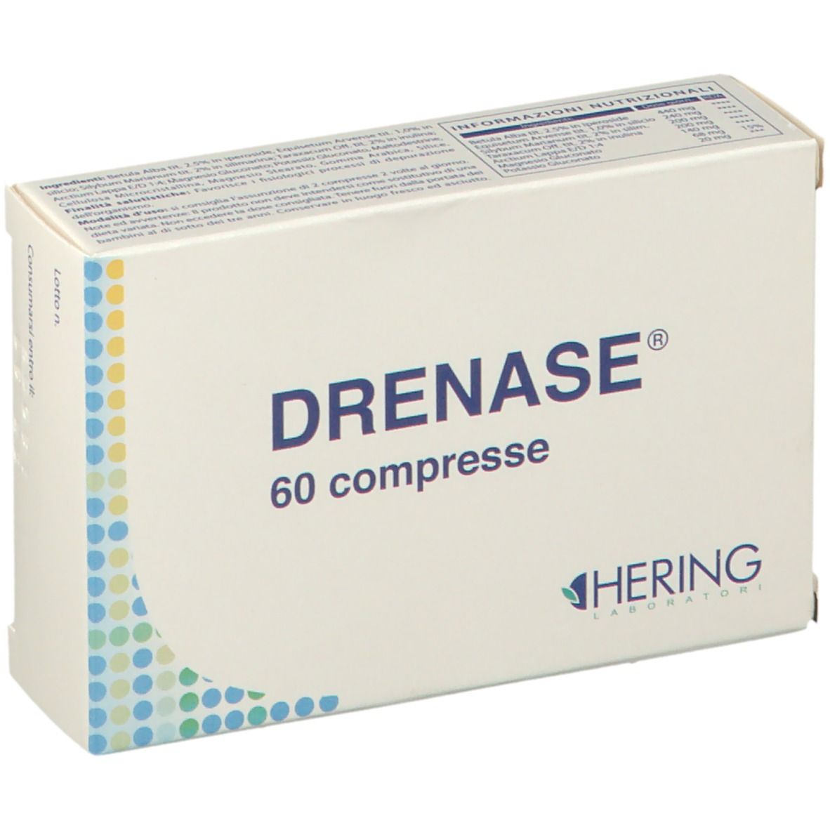 Scatola DRENAS®, 60 compresse. Logo HERING. Design bianco. Vista dettagliata della confezione.