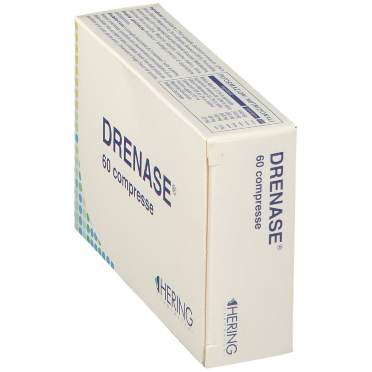 Scatola DRENAS®, 60 compresse. Logo HERING. Design bianco. Vista obliqua della confezione.