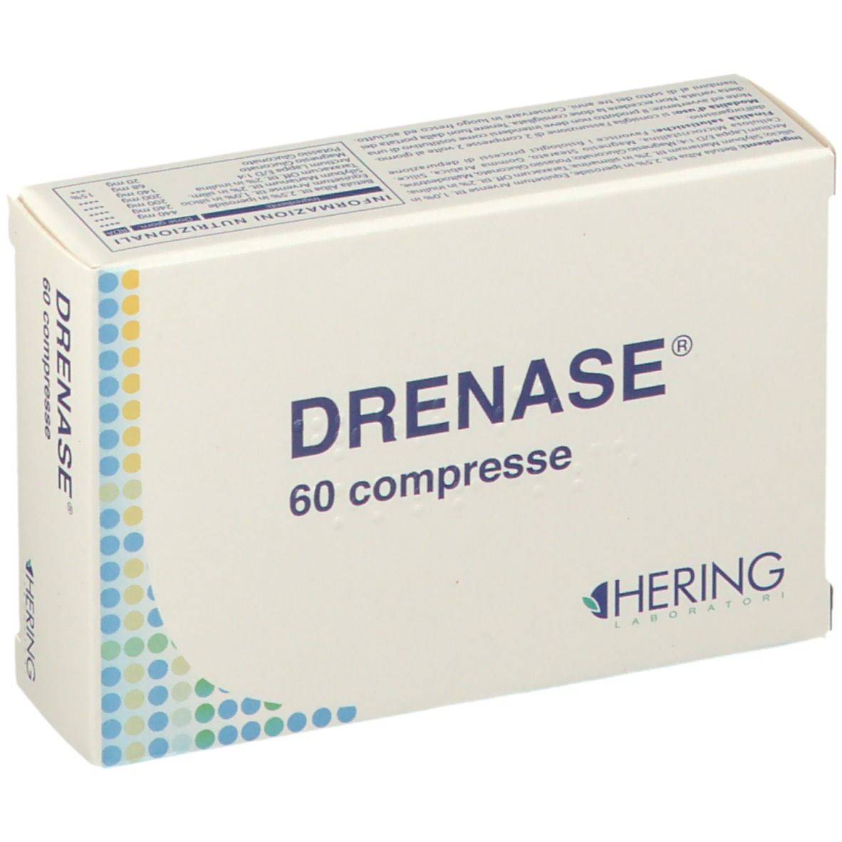 Scatola DRENAS®, 60 compresse. Logo HERING. Design bianco. Vista obliqua della confezione.