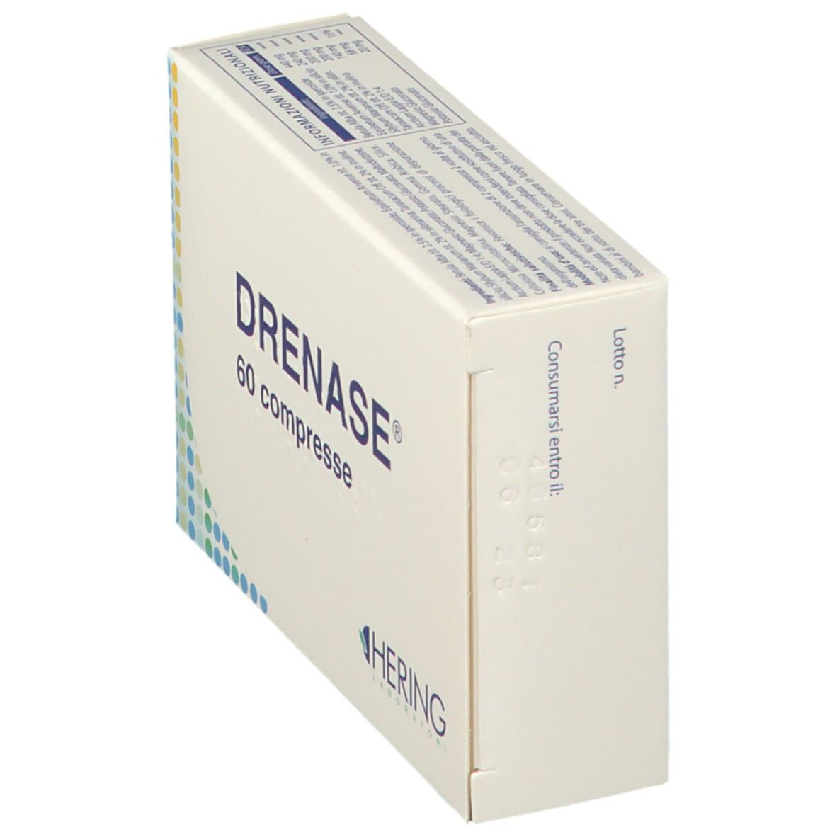 Scatola DRENAS®, 60 compresse. Logo HERING. Design bianco. Vista obliqua della confezione.