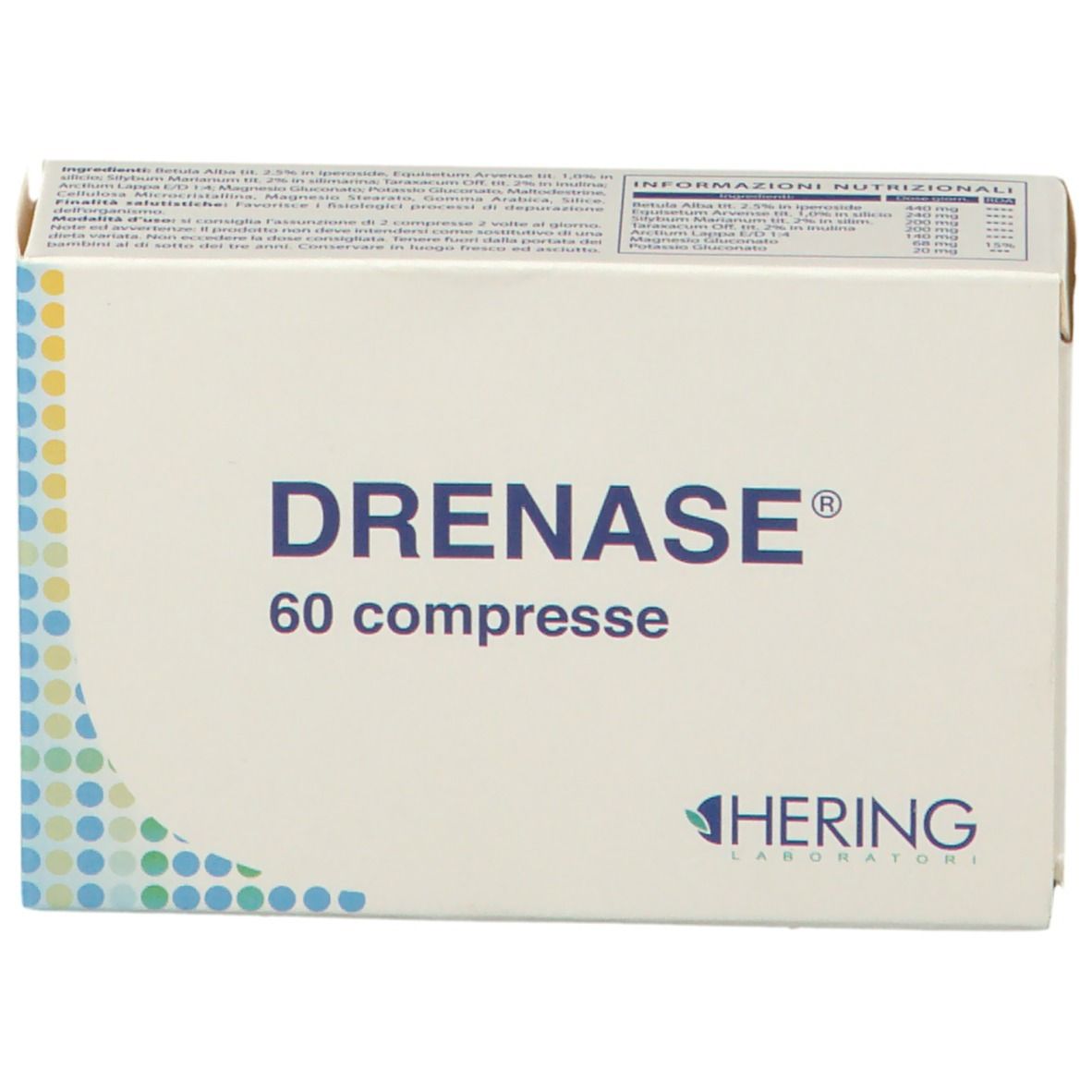 Scatola DRENAS®, 60 compresse. Logo HERING. Design bianco. Vista dettagliata della confezione.