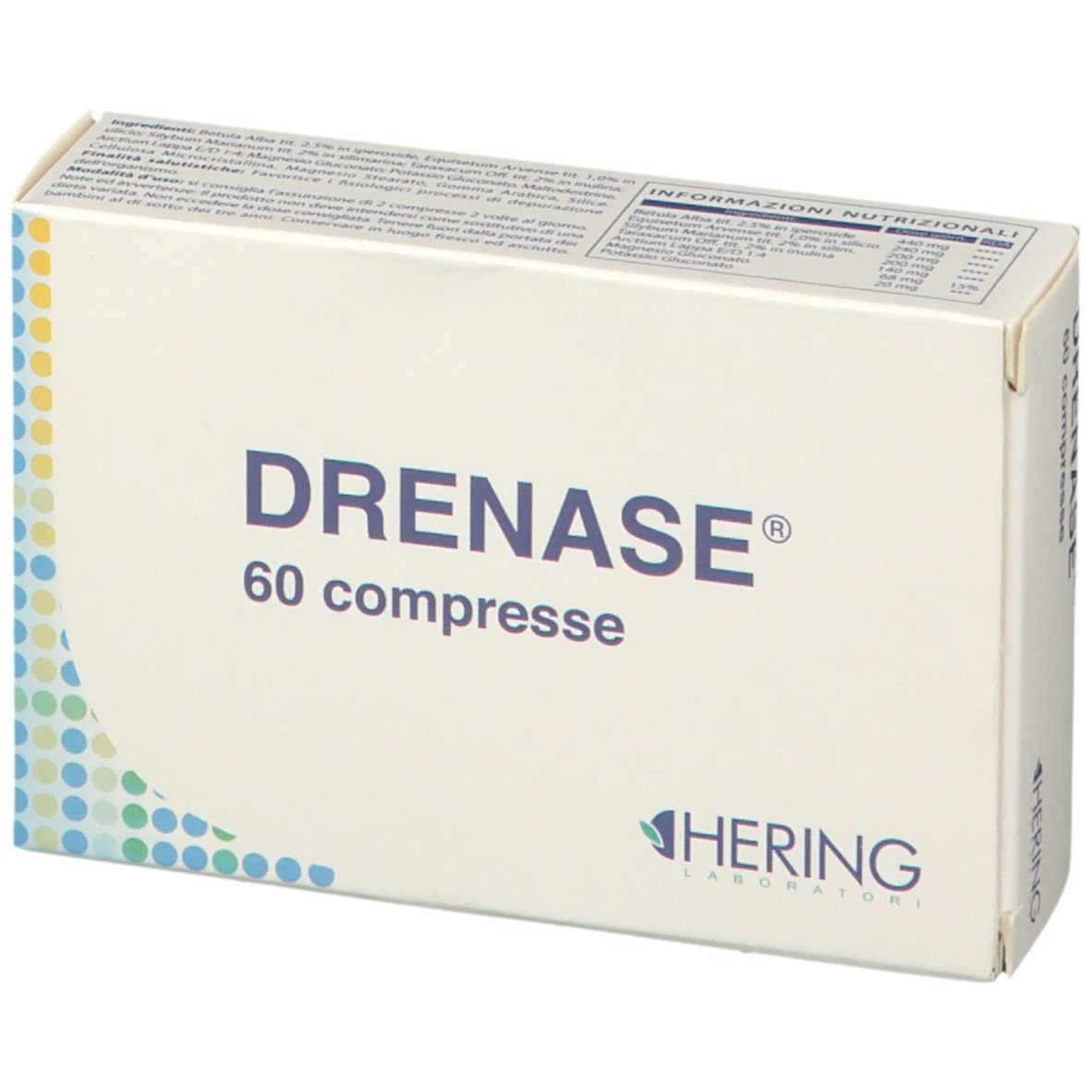 Scatola DRENAS®, 60 compresse. Logo HERING. Design bianco con punti blu e gialli. Vista frontale.