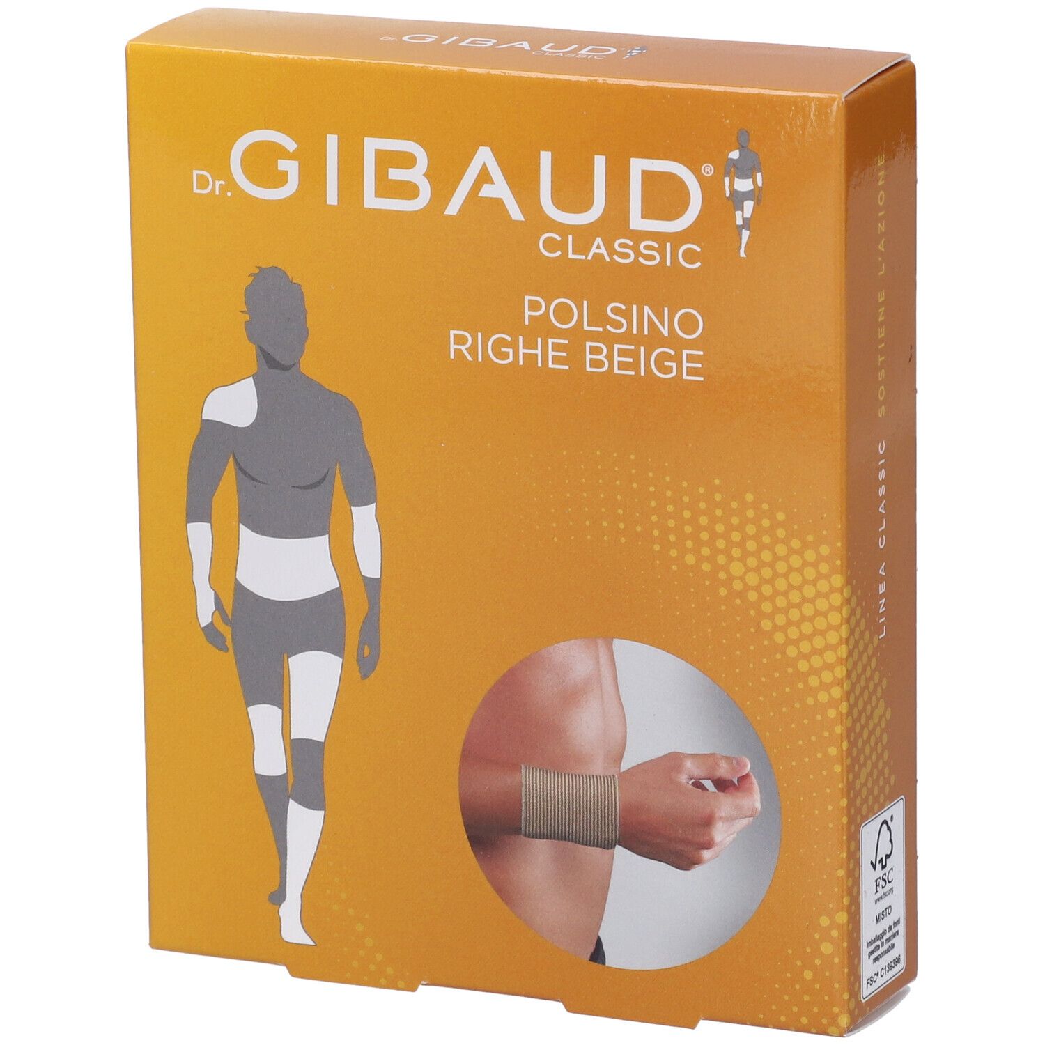 Confezione di Dr. Gibaud Classic Polsino Righe Beige. Scatola arancione con immagine del prodotto.