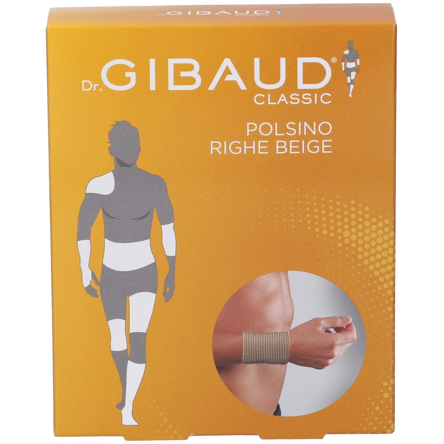 Confezione di Dr. Gibaud Classic Polsino Righe Beige. Scatola arancione con immagine del prodotto.