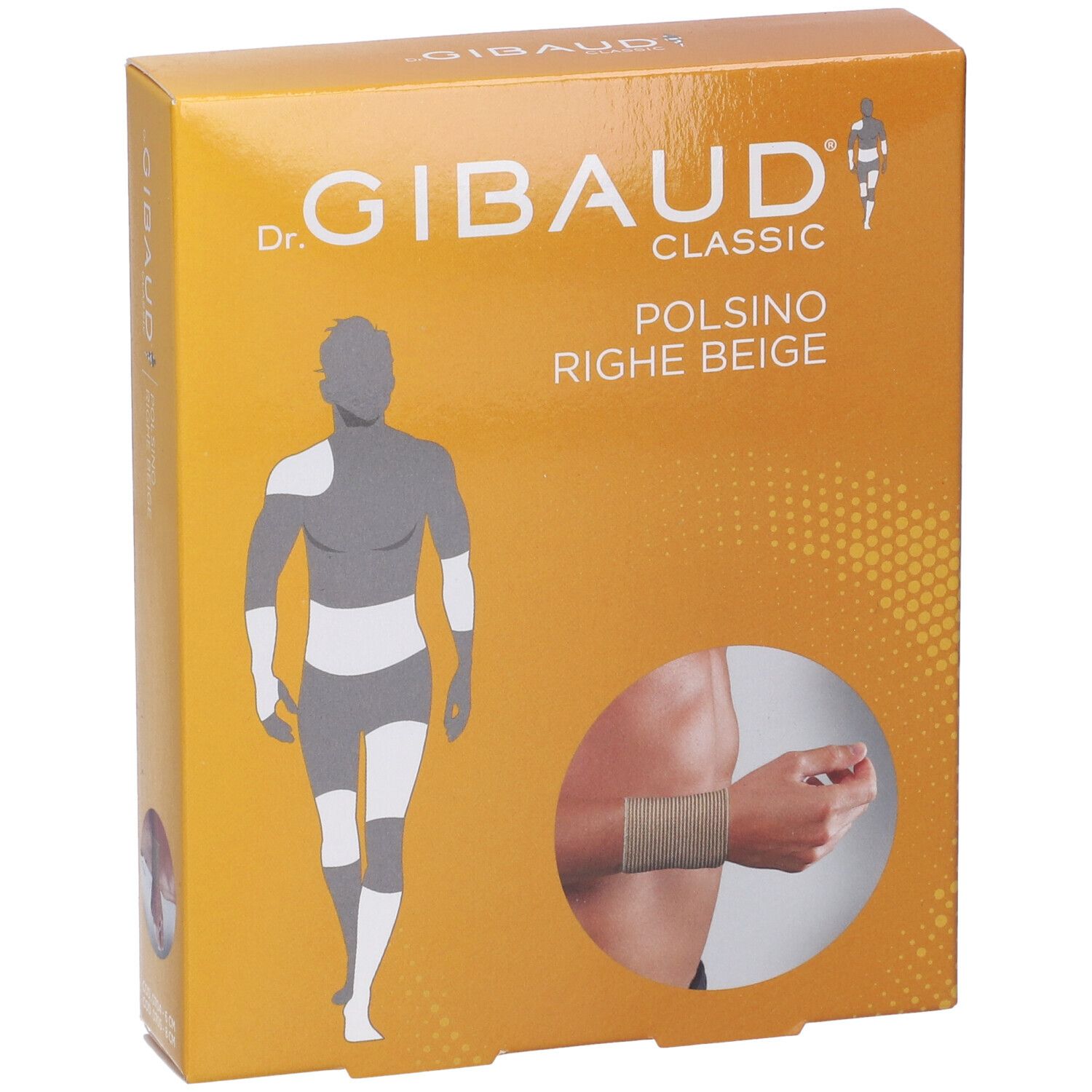 Confezione di Dr. Gibaud Classic Polsino Righe Beige. Scatola arancione con immagine del prodotto.
