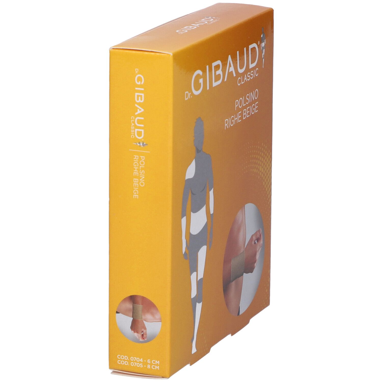 Confezione Gibaud Classic beige. Scritto: Polsino Righe Beige. Immagine di polso. Codice prodotto.