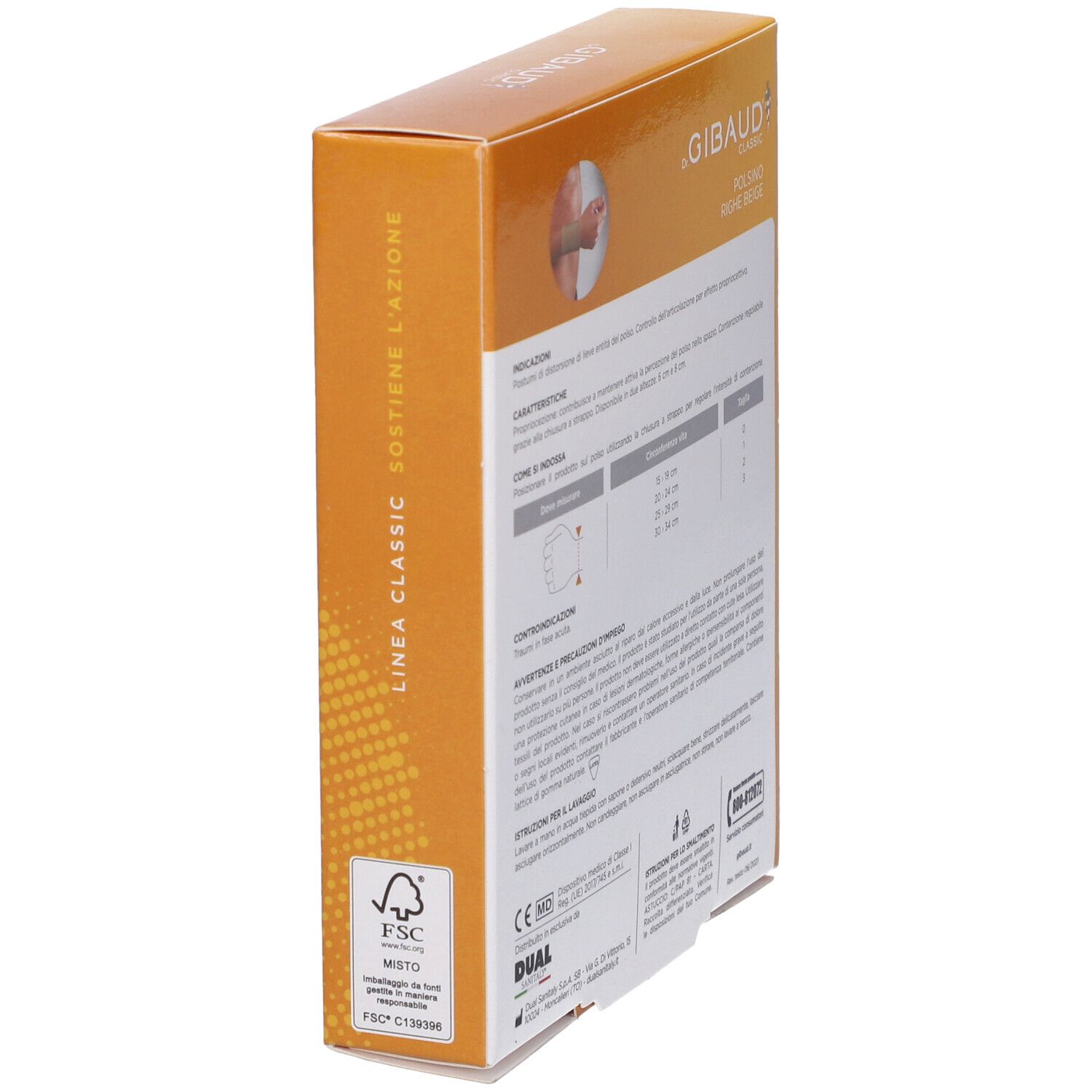 Lato confezione Gibaud Classic. Scritto: Linea Classic. Logo FSC. Marchio CE.