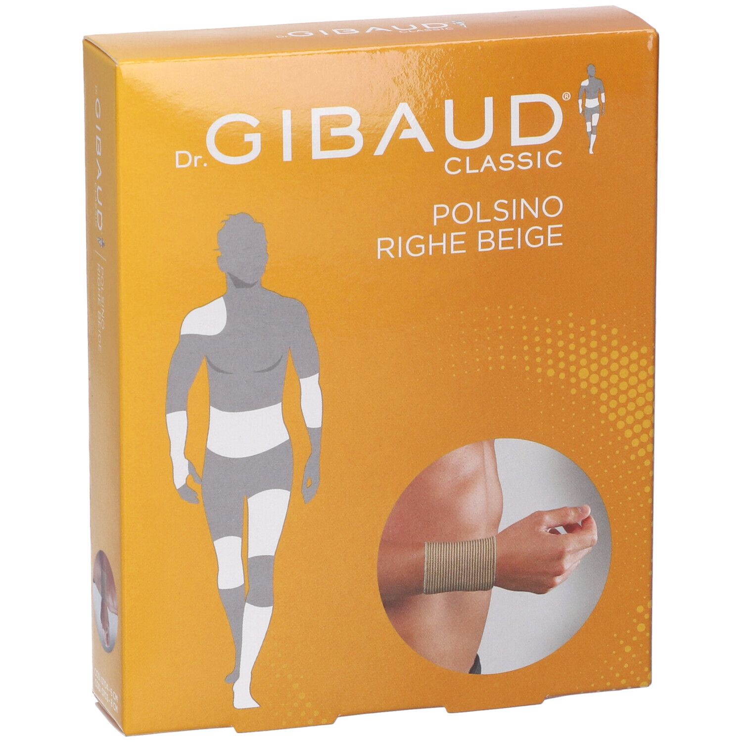 Confezione Gibaud Classic beige. Scritto: Polsino Righe Beige. Immagine di polso.