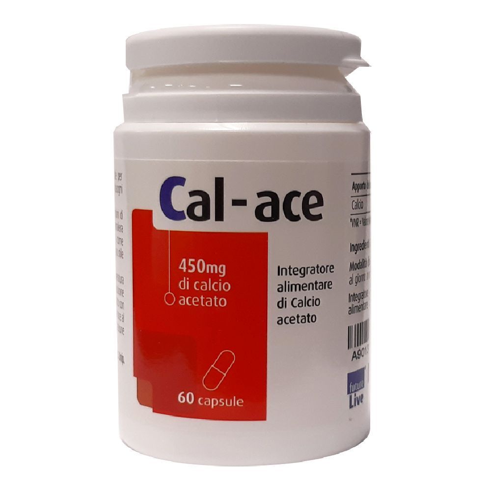 Flacone bianco Cal-ace con 60 capsule. Contiene 450mg di calcio acetato. Etichetta rossa con testo in italiano.